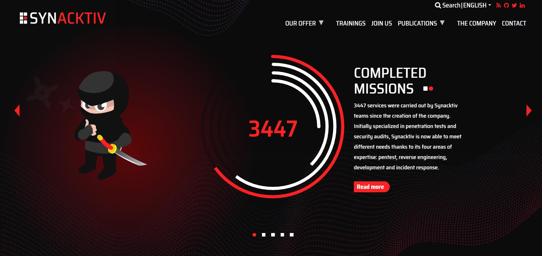 Alt text: Black and red themed cybersecurity site showing a cartoon ninja character and a circular progress graphic with “3447 completed missions” text and a “Read more” button.
