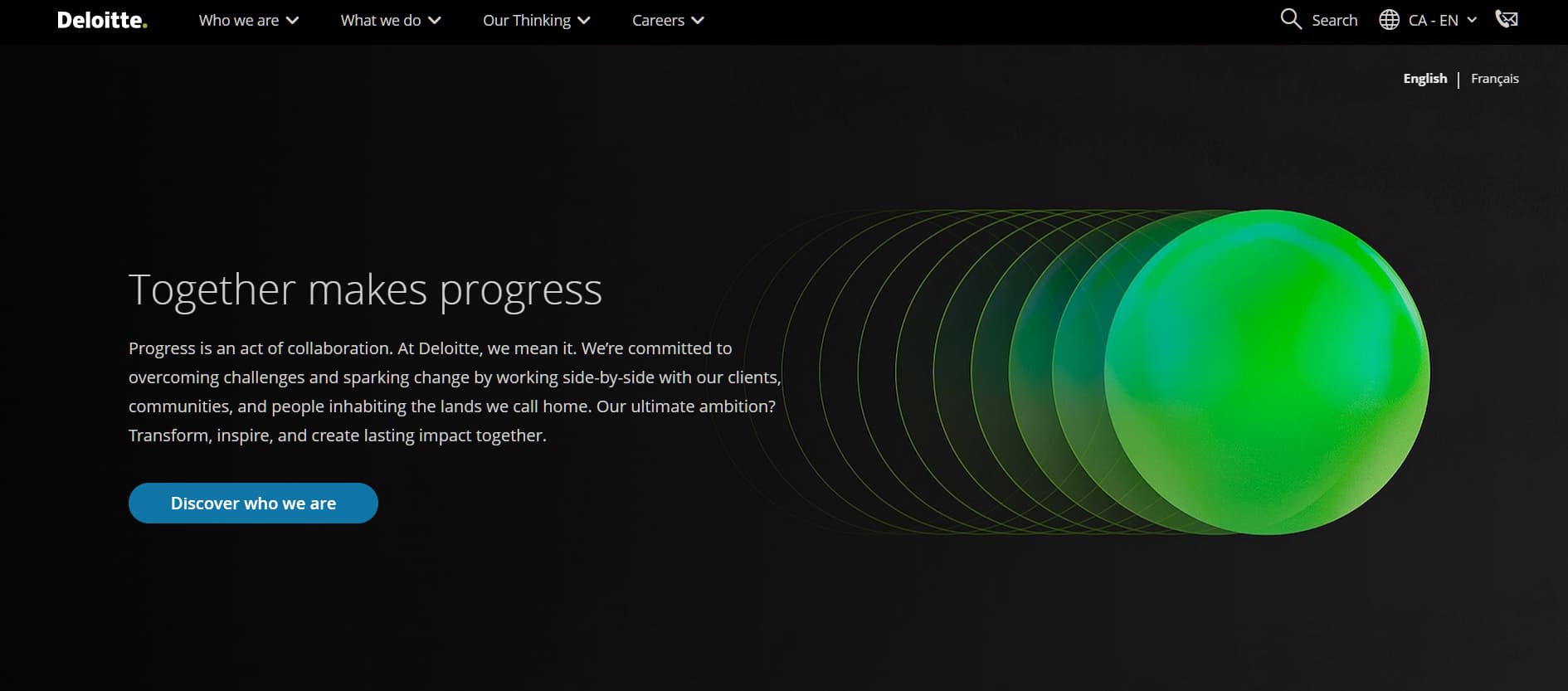 Alt text: Dark corporate homepage for Deloitte with the headline “Together makes progress” and a large green circular gradient graphic on the right.