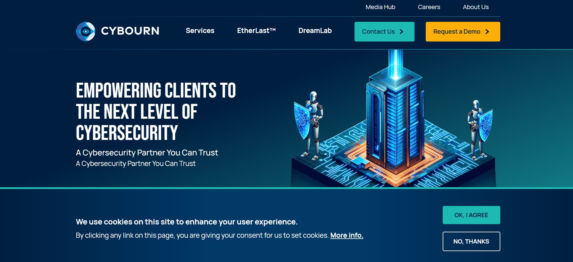Cybersecurity homepage showing headline “Empowering Clients to the Next Level of Cybersecurity” alongside illustration of a glowing data center server protected by robotic figures; contact and demo buttons visible.
