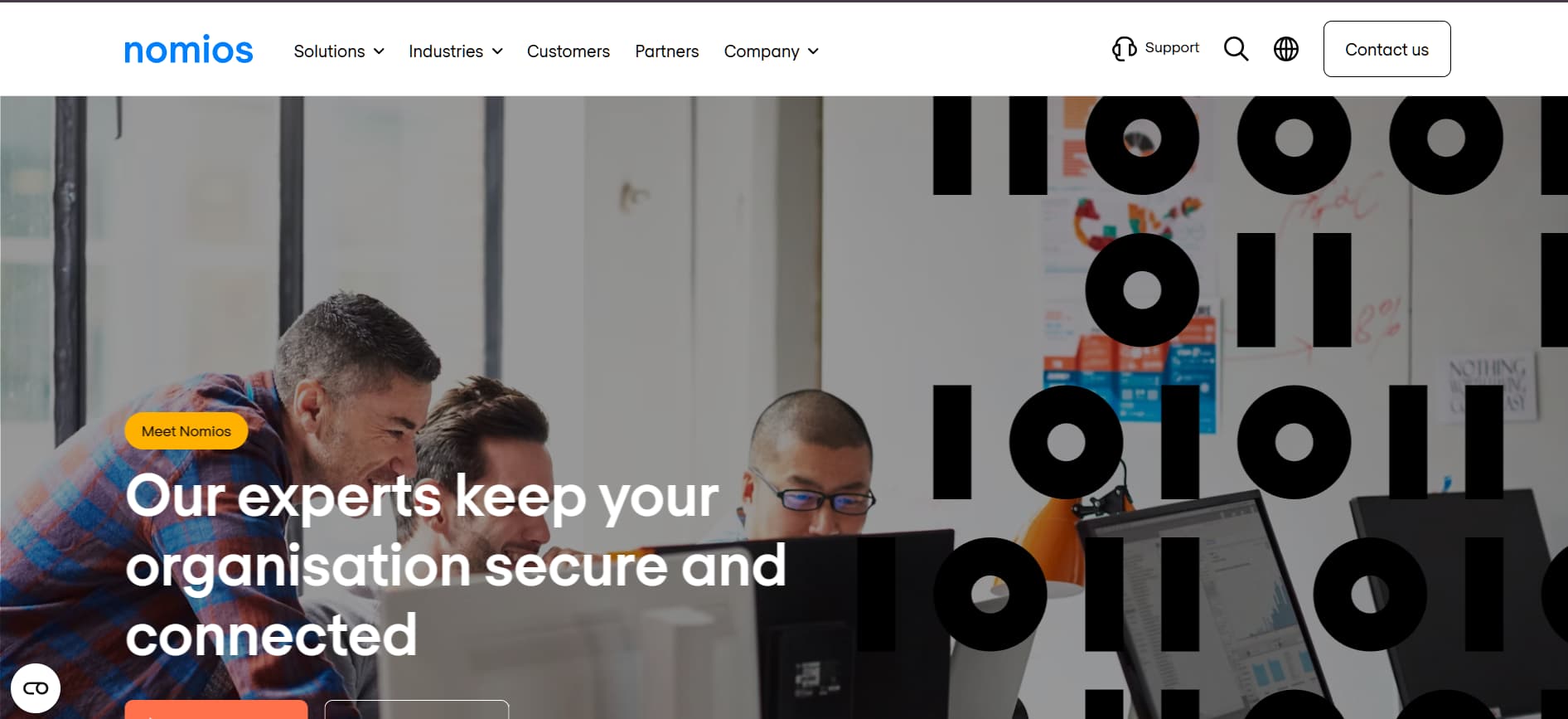 Nomios Belgium website showcasing cybersecurity experts working in an office with binary code graphics in the background.