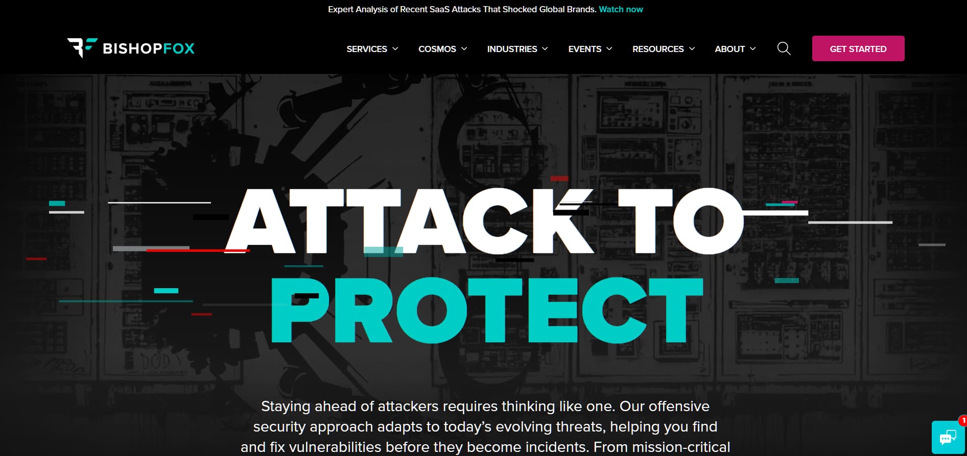 Bishop Fox offensive cybersecurity services website hero banner with attack to protect slogan and dark theme
