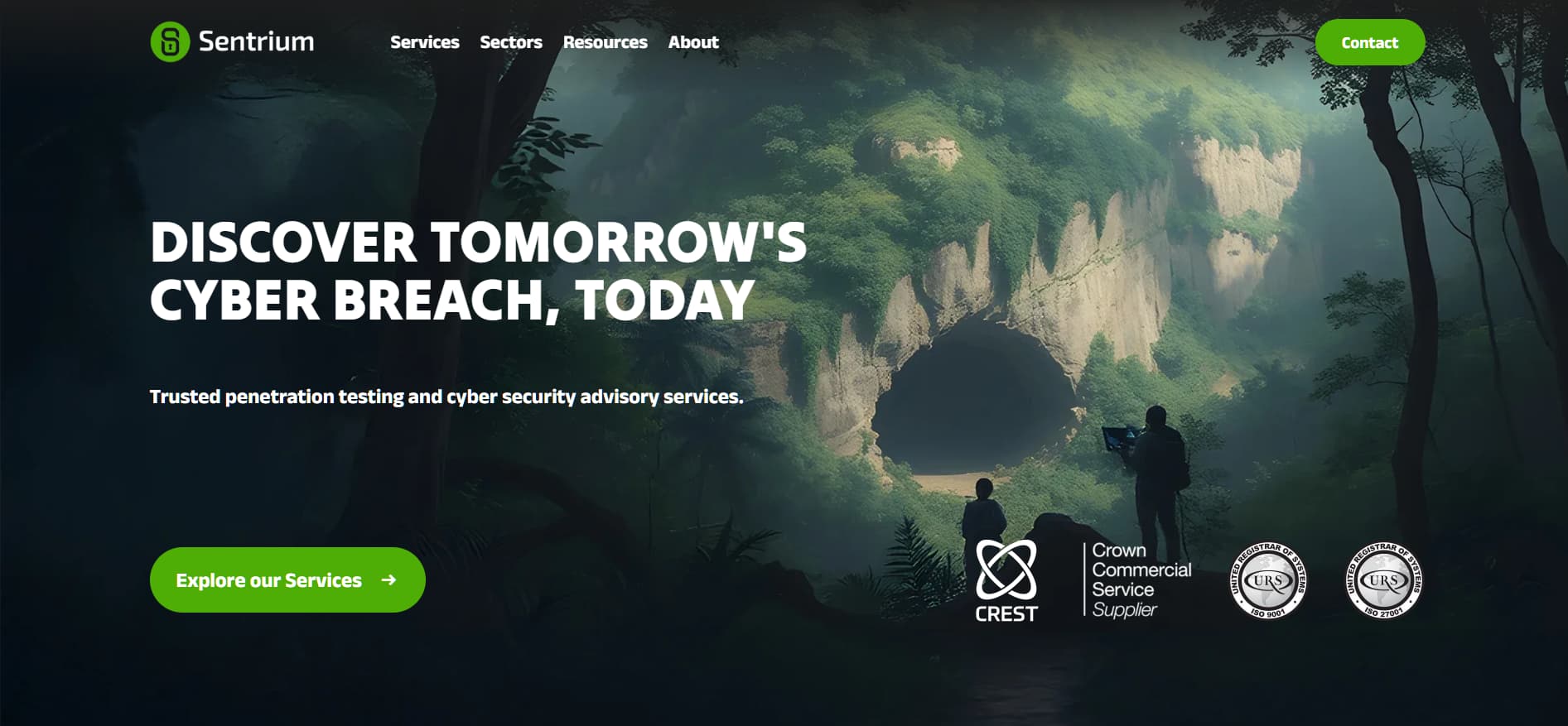“Sentrium cybersecurity hero banner showing explorers near a cave in a forest symbolizing threat discovery and cyber breach prevention.”