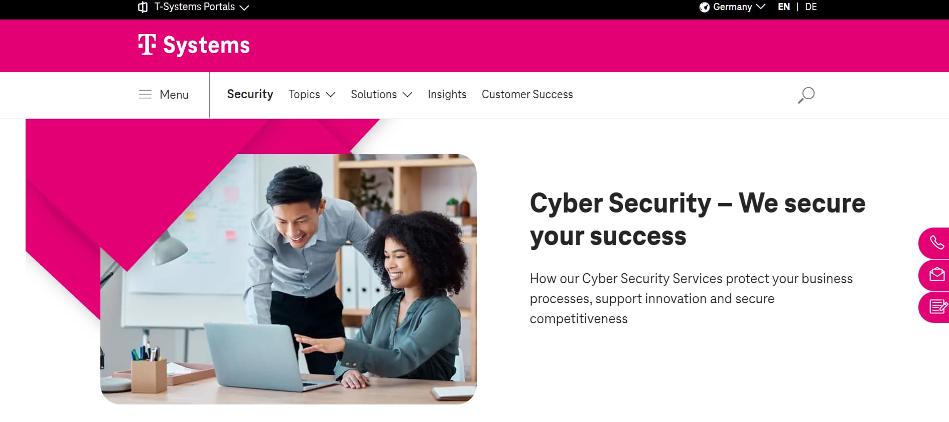 T-Systems cybersecurity page – Two professionals collaborating at a laptop, promoting business cybersecurity services.