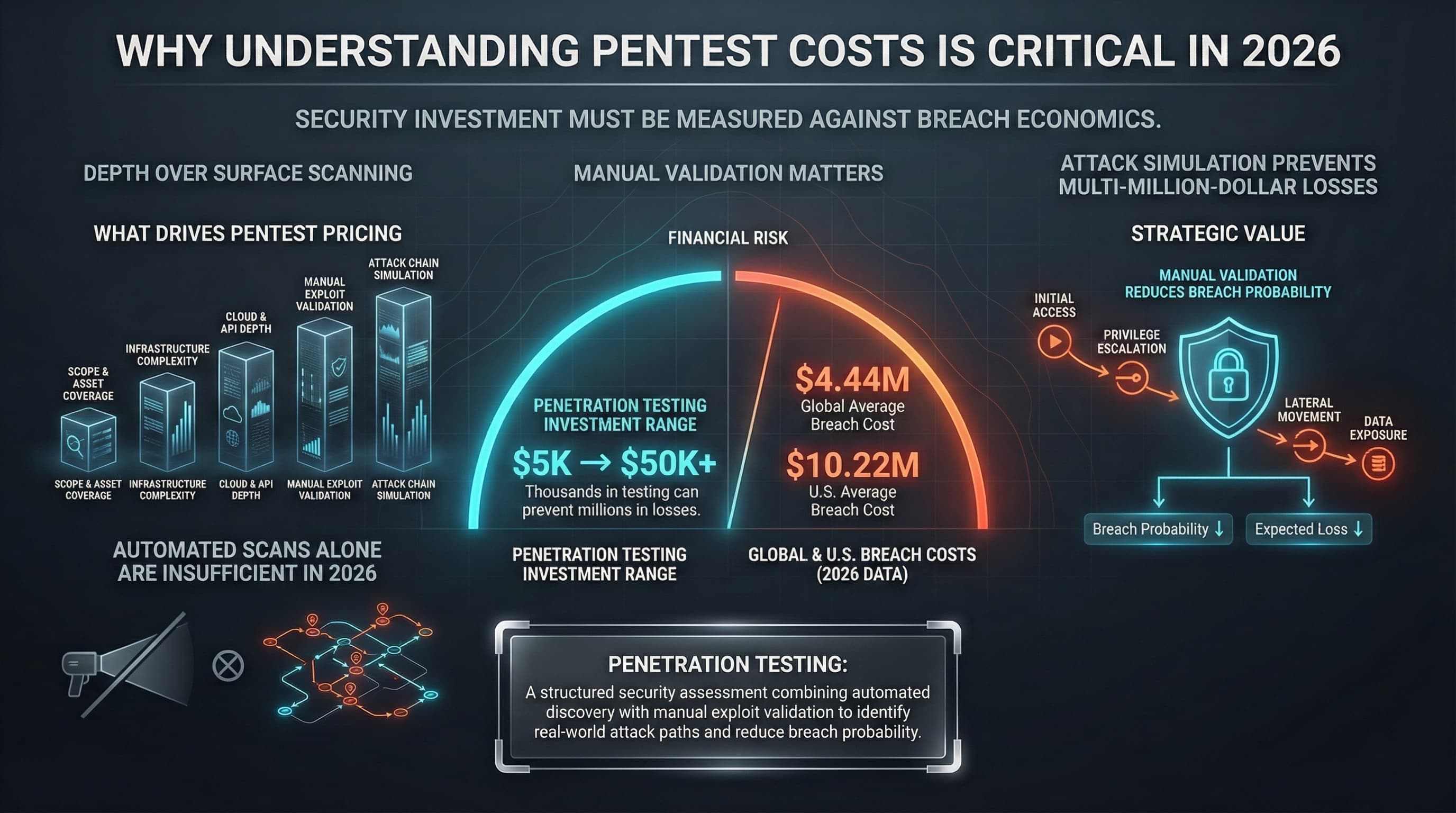 Detailed cybersecurity infographic explaining penetration testing pricing drivers including scope, infrastructure complexity, cloud and API depth, manual exploit validation, and attack chain simulation, compared against global $4.44M and U.S. $10.22M breach costs to demonstrate strategic risk reduction value.