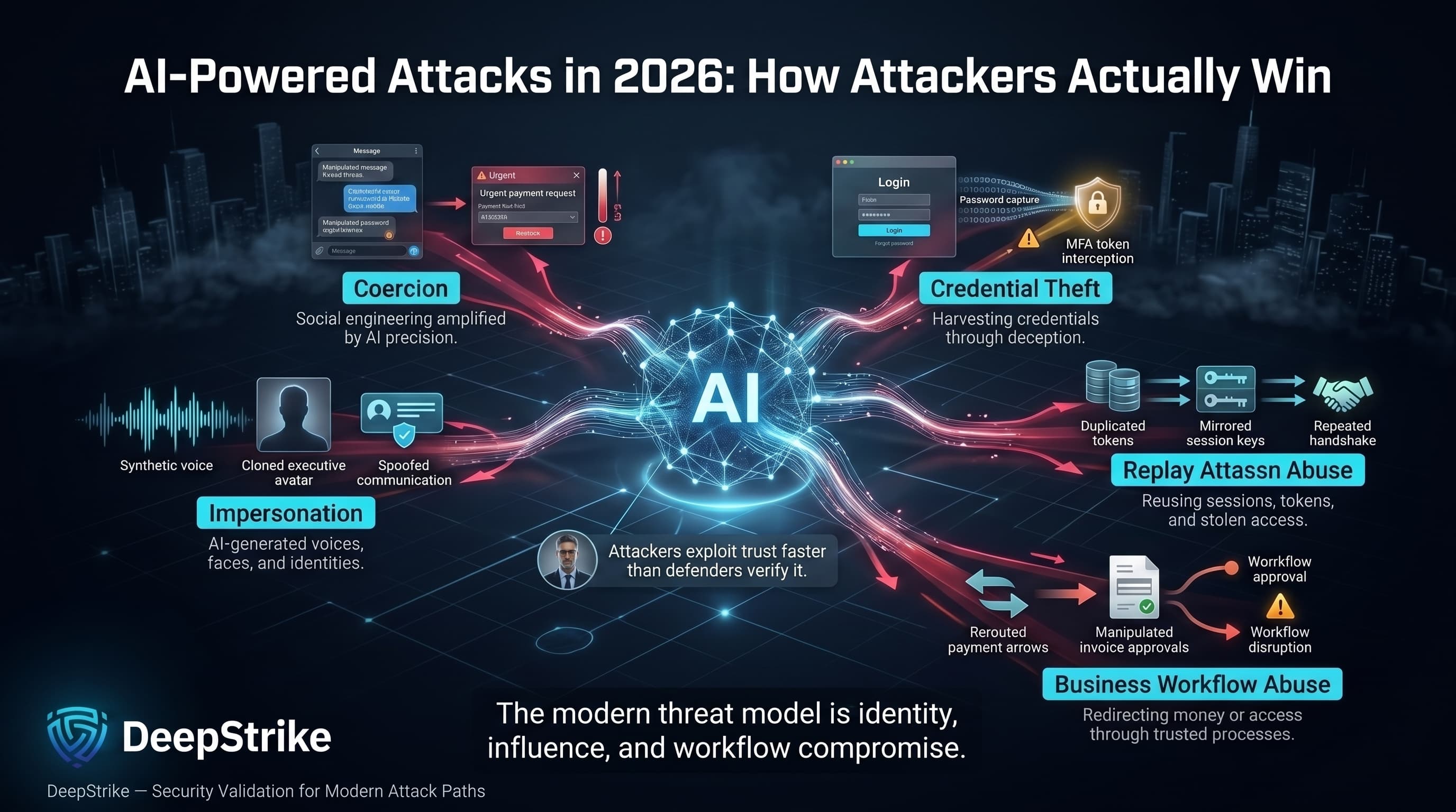 “A futuristic cybersecurity dashboard shows an AI core sending attack paths toward impersonation, coercion, credential theft, replay attacks, and workflow fraud. The DeepStrike logo appears isolated in the lower-left corner with no overlapping text.”