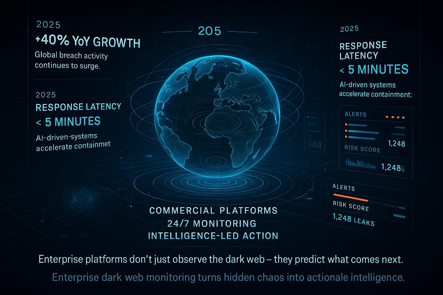“A futuristic command hub monitors the dark web in real time. A glowing data globe reveals breach signals lighting up across continents. AI-driven engines correlate leaks, credentials, and threat chatter into live insights. As containment pulses ripple outward, the system embodies enterprise-scale defense in motion.”