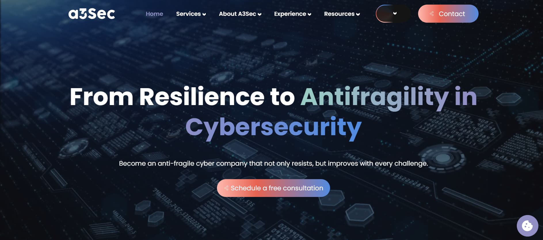 Dark blue futuristic tech background with the headline “From Resilience to Antifragility in Cybersecurity” and a gradient button offering a free consultation.