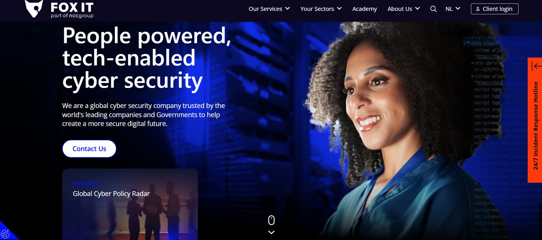 Blue-toned cybersecurity company banner showing a smiling professional woman in front of digital code screens with the headline “People powered, tech-enabled cyber security.”