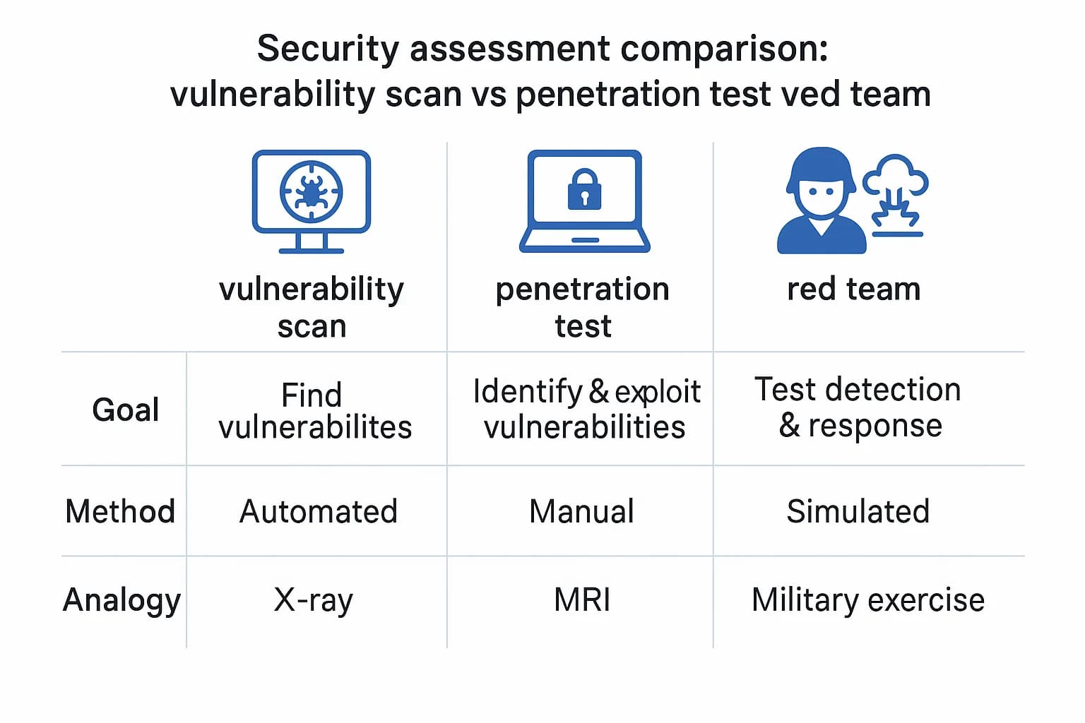 Visual chart comparing vulnerability scans, penetration tests, and red team exercises by goal, method, and analogy.
