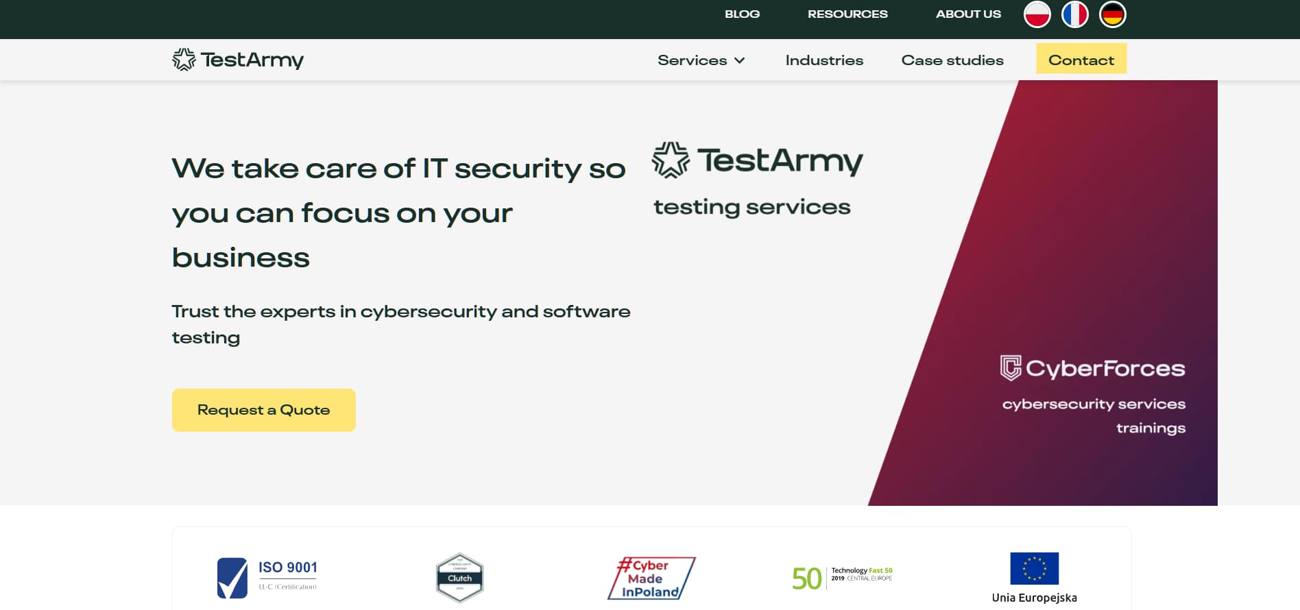 Alt: “TestArmy cybersecurity and software testing services website homepage with request a quote button”