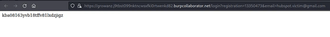 A screenshot of a web browser window. The address bar shows a URL pointing to burpcollaborator.net with query parameters for a registration number and an email address. The page content displays the string "kba08163yvb18tffv81lxd2ijgz", which is the response from the Burp Collaborator server, confirming that a server-side request was successfully made to it.