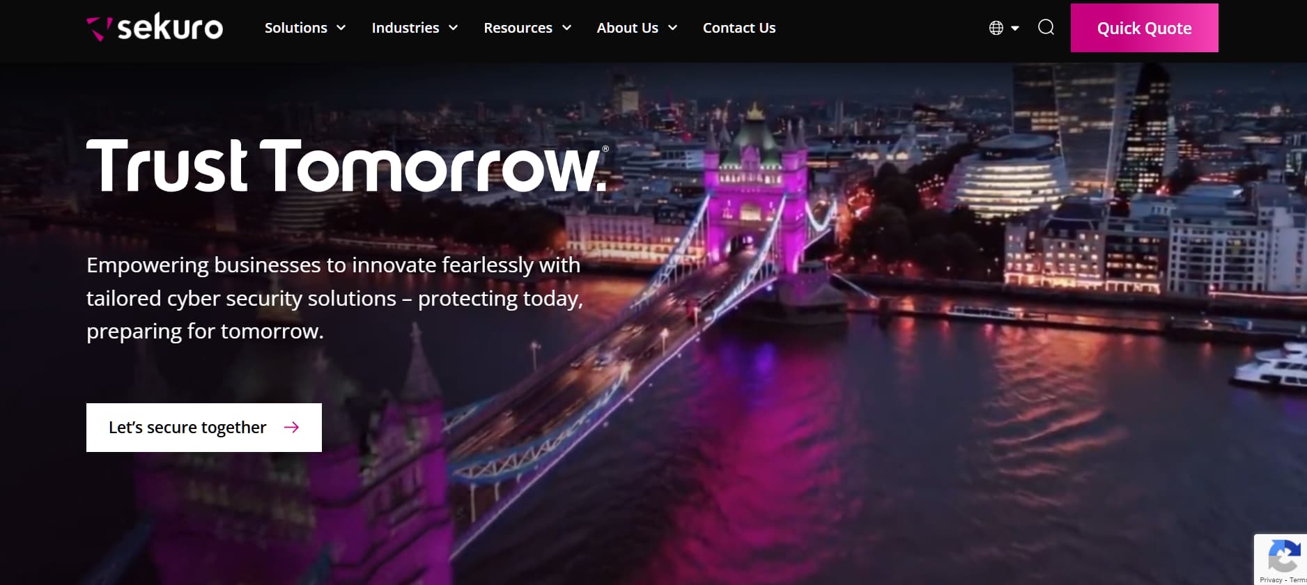 "Sekuro cybersecurity company homepage — providing tailored cyber security solutions for enterprises with the slogan Trust Tomorrow, set against a London cityscape background emphasizing global trust and innovation."