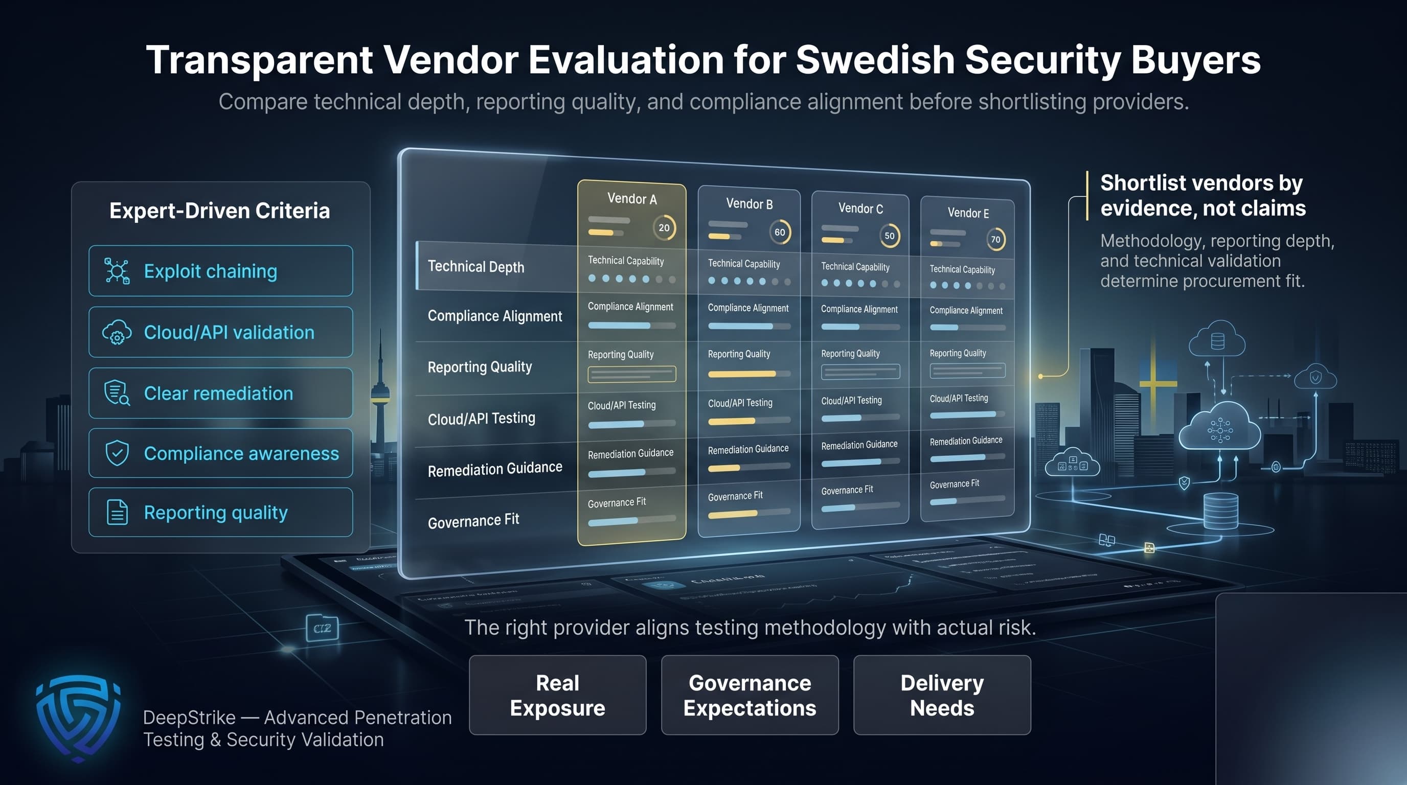 “A premium cybersecurity procurement dashboard shows a transparent evaluation matrix for penetration testing companies in Sweden. The visual compares technical depth, compliance alignment, reporting quality, cloud and API testing, remediation guidance, and governance fit, with DeepStrike branding isolated in the lower-left corner and empty safe space in the lower-right.”