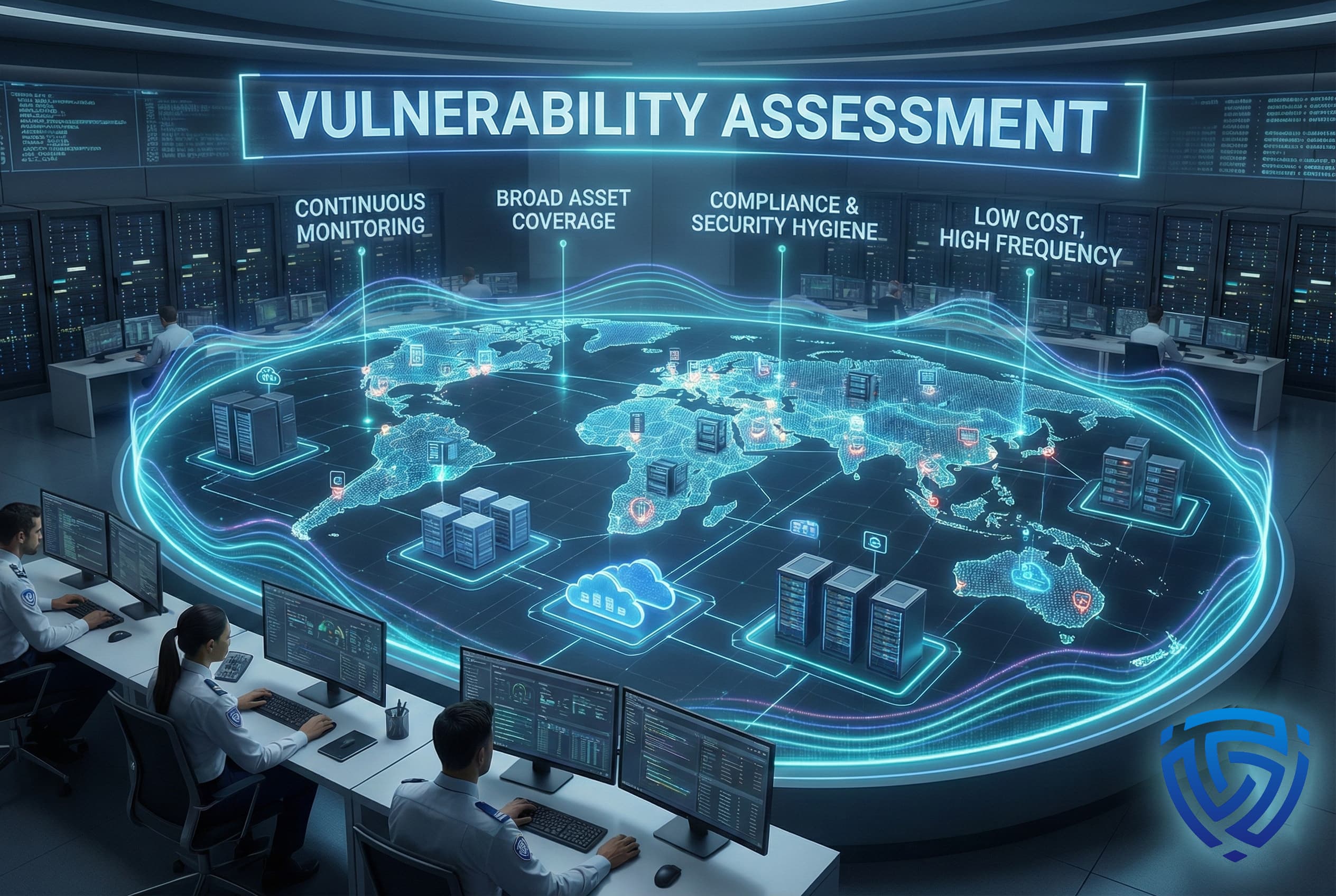 A global security monitoring visualization illustrating continuous vulnerability assessment across worldwide infrastructure, emphasizing broad asset coverage, compliance support, and frequent low-cost scanning.