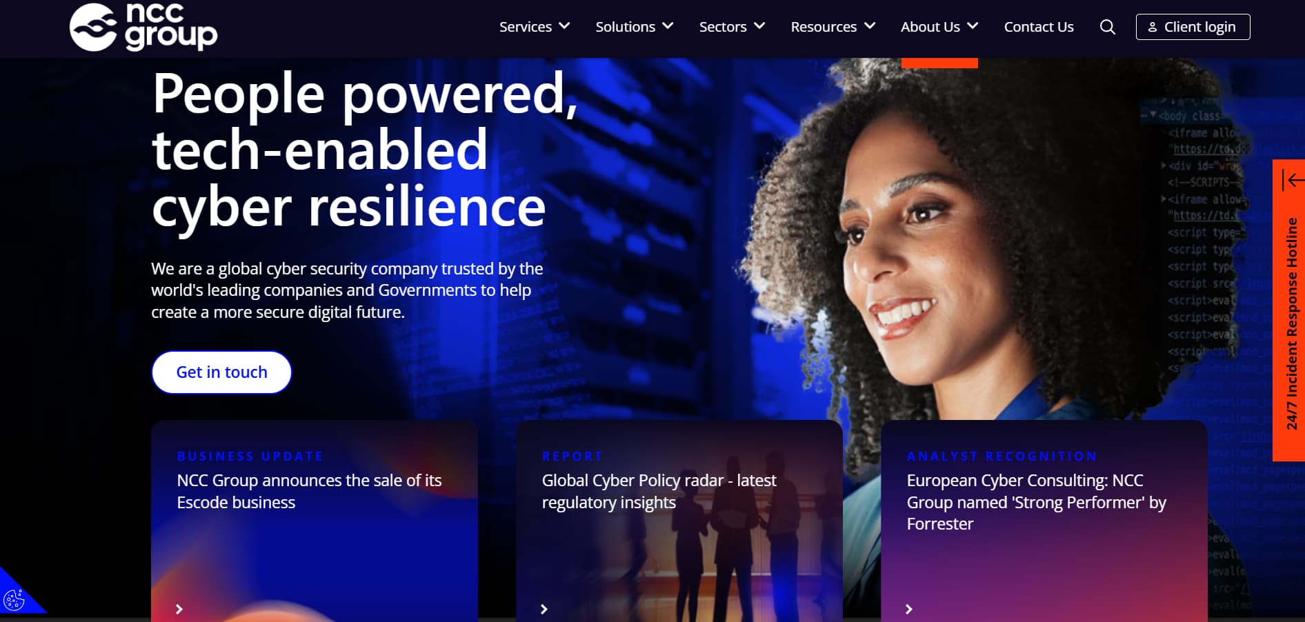NCC Group cybersecurity consulting homepage showing enterprise cyber resilience services and penetration testing capabilities