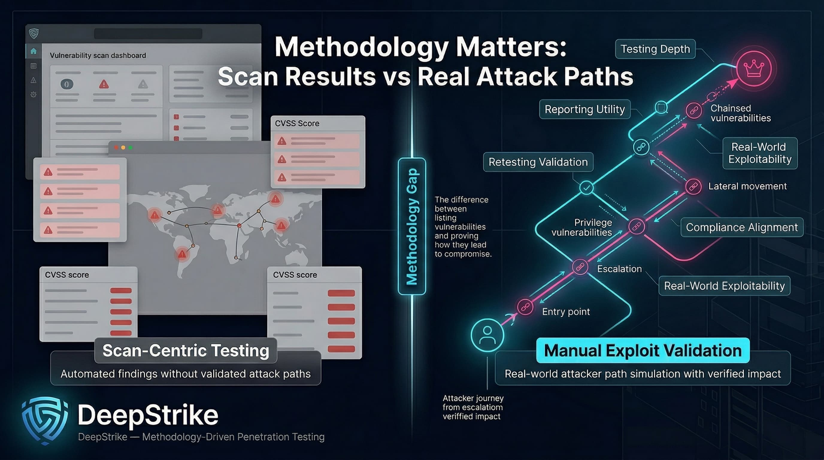 “A split-screen cybersecurity visualization compares scan-based penetration testing with manual exploit validation. The left side shows isolated vulnerability alerts, while the right side displays a connected attack path demonstrating real-world compromise, highlighting the methodology gap between providers.