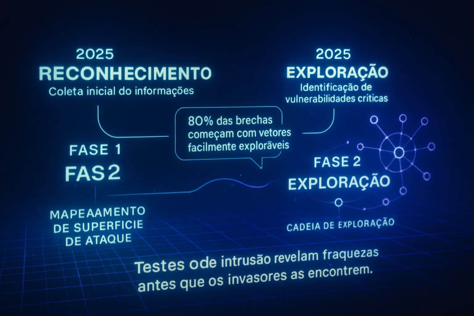 “Visualização cinemática mostrando as fases de um teste de intrusão, com gráficos animados, linhas de dados, ícones de exploração e destaques que explicam como vulnerabilidades são identificadas passo a passo.”