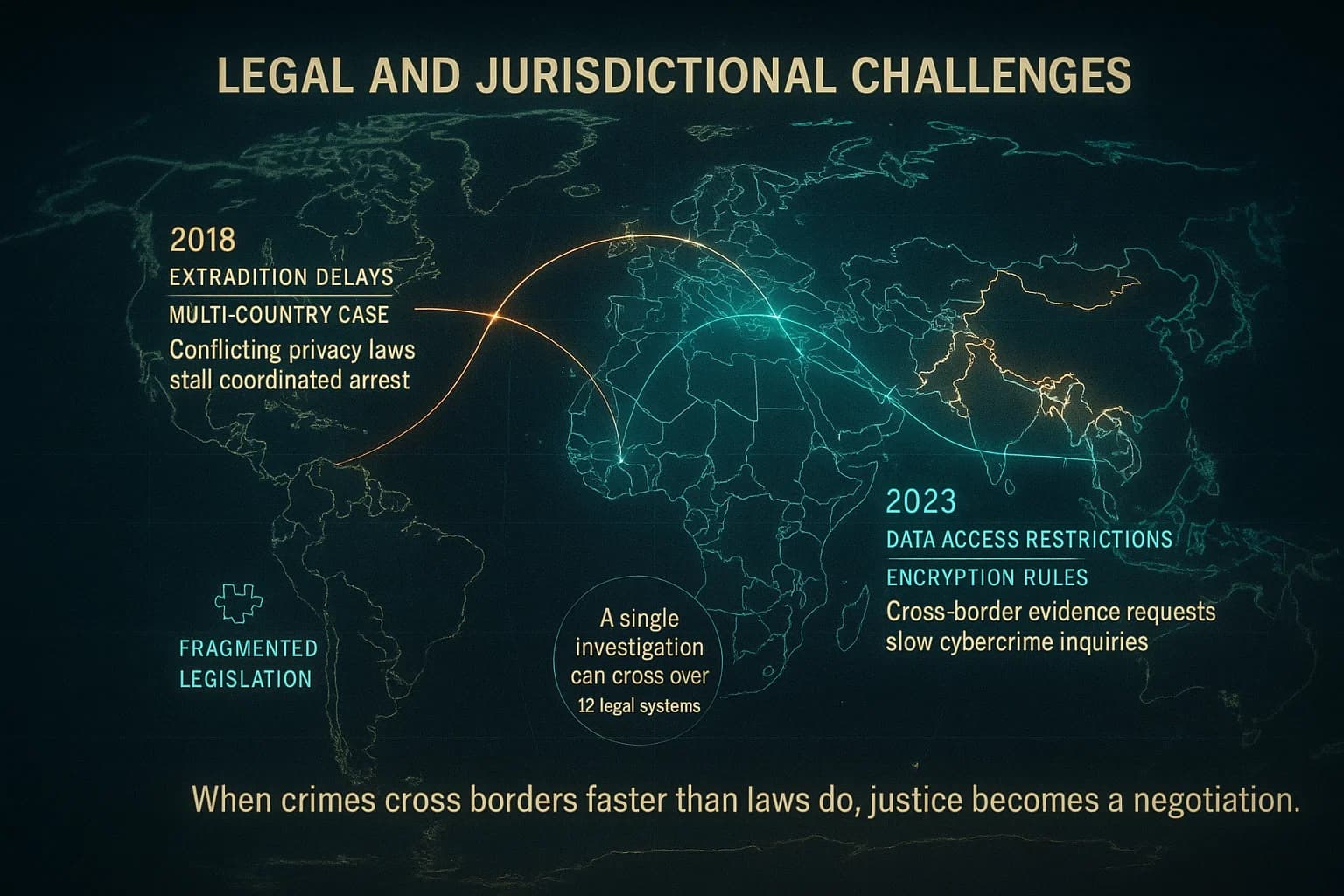 “A cinematic world map glows with shifting borders and legal pathways. Animated lines show cross-border investigations slowing at jurisdictional boundaries. Puzzle icons drift apart to represent fragmented laws, and slow-turning gears symbolize international legal processes.”
