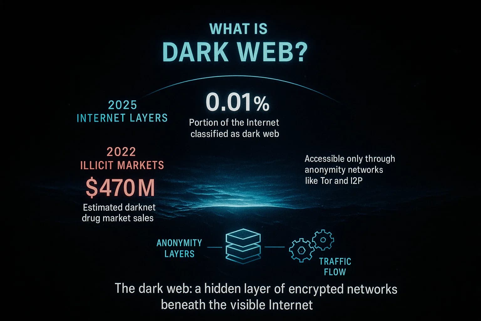 “An animated visualization reveals the hidden structure of the dark web beneath the surface layers of the Internet, using neon blue nodes, encrypted layers, and glowing data streams to illustrate its small but active, anonymous ecosystem.”