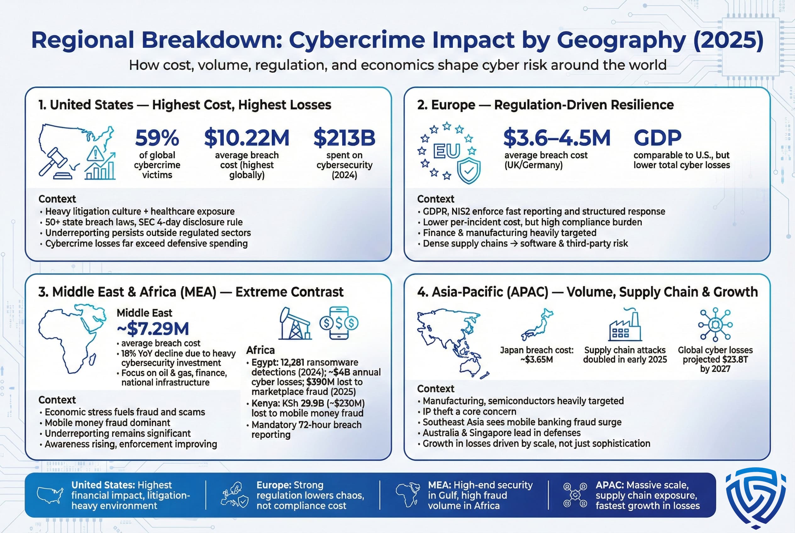 Infographic comparing cybercrime impact by region in 2025. The United States shows the highest costs and losses, Europe demonstrates regulation-driven resilience, the Middle East and Africa show sharp contrasts in investment and fraud exposure, and Asia-Pacific faces rapid growth driven by supply chains, manufacturing, and attack scale.