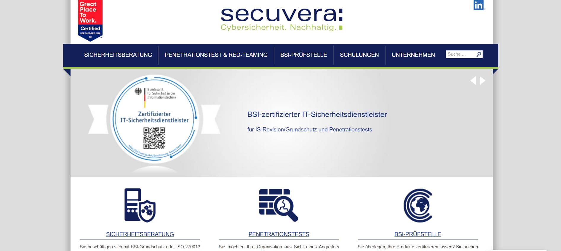 secuvera homepage – BSI-certified IT security provider page with certification seal and service icons.