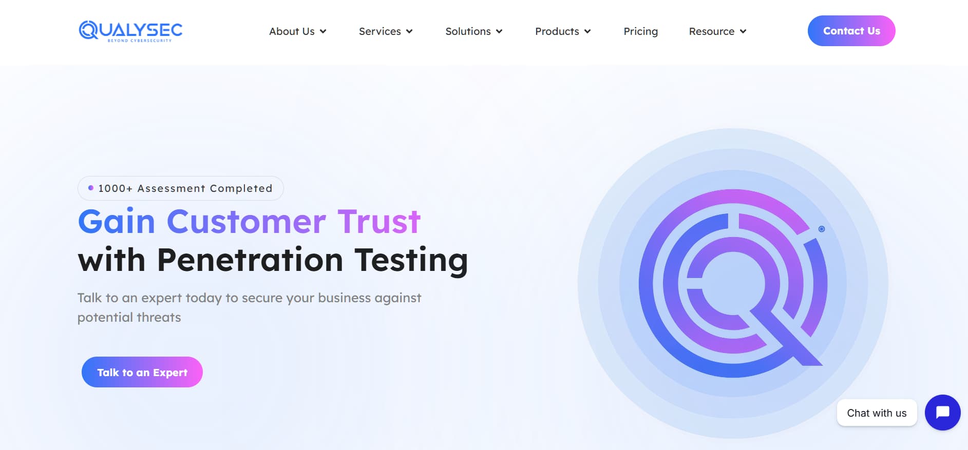 Alt text: Clean white and blue cybersecurity landing page with the headline “Gain Customer Trust with Penetration Testing,” a large circular Q logo graphic, and a “Talk to an Expert” button.