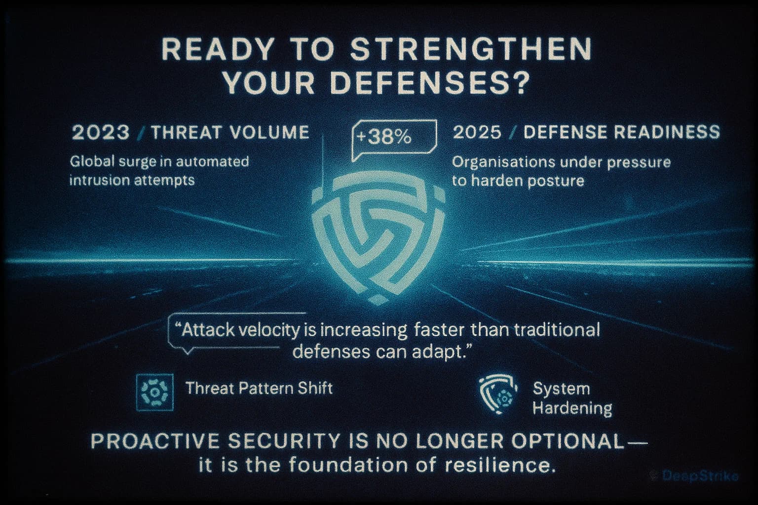 “An illuminated cyber-defense landscape unfolds as threat metrics rise across animated data lines. Icons pulse near the frame edges, highlighting shifts in attack patterns and system hardening trends. Key statistics hover at center, revealing escalating pressure on organizational security posture.”