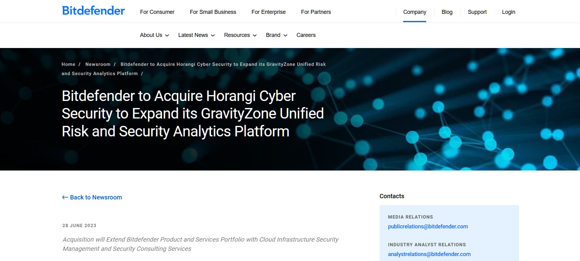 “Bitdefender newsroom article page announcing acquisition of Horangi Cyber Security to expand GravityZone unified risk and security analytics platform.”