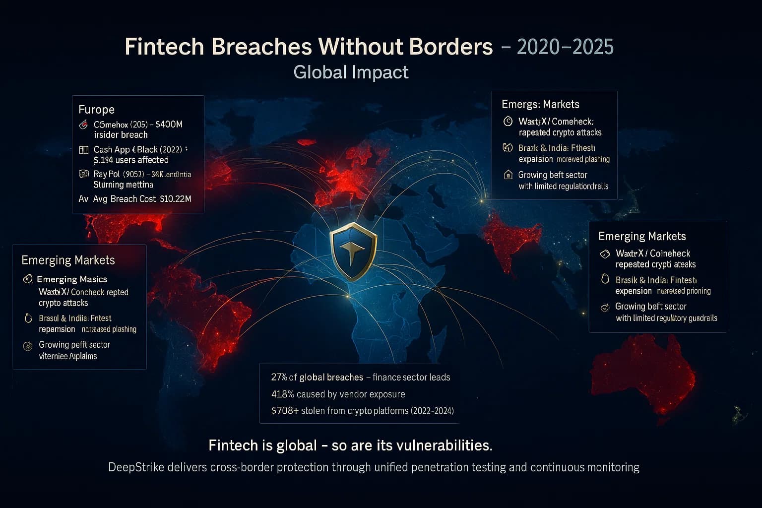 Digital illustration of a holographic world map showing fintech breach intensity by region (red zones in U.S., U.K., and APAC) with blue-gold defense networks representing DeepStrike’s global cybersecurity coverage.