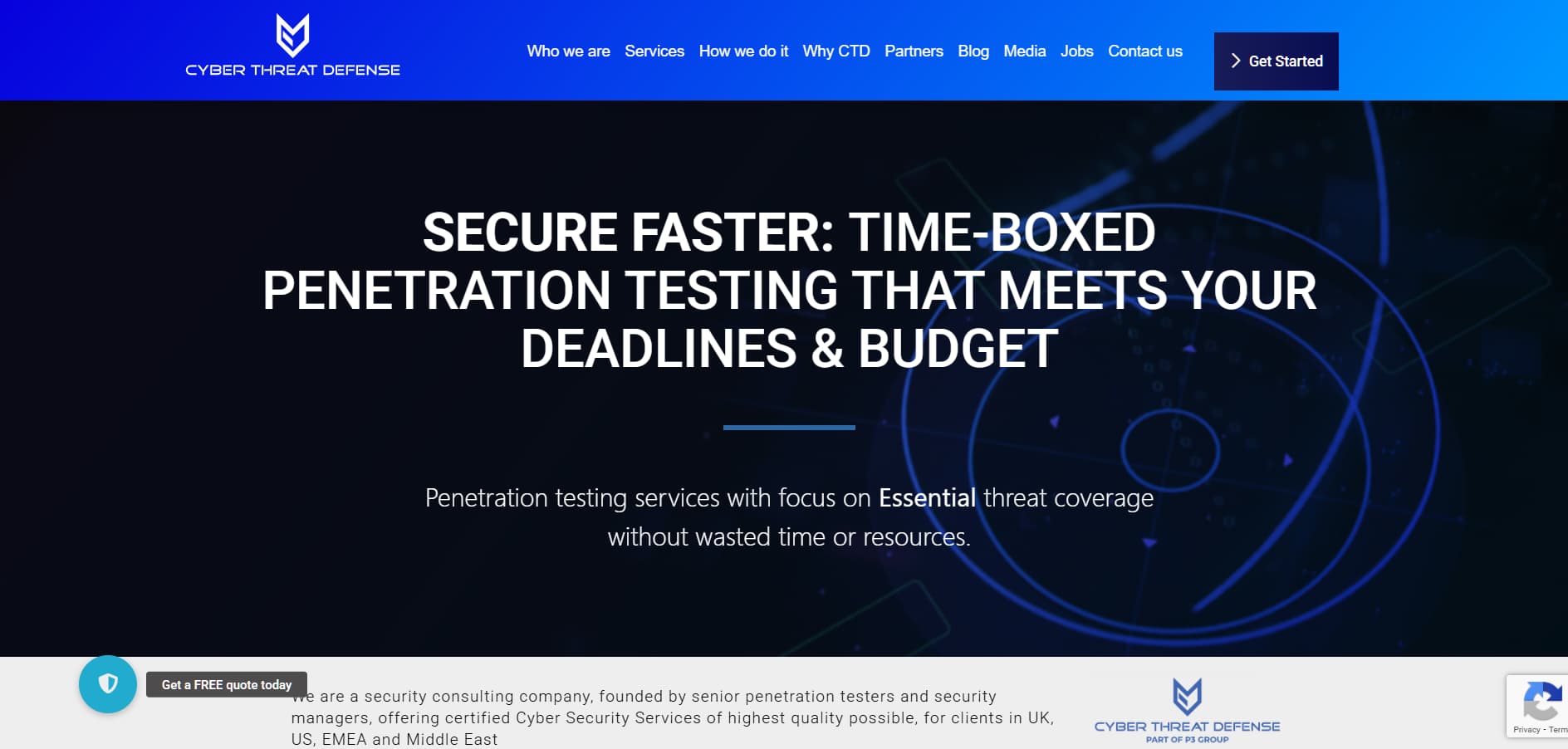 Blue-themed hero section reading “Secure Faster: Time-Boxed Penetration Testing That Meets Your Deadlines & Budget,” with “Get Started” button in header.