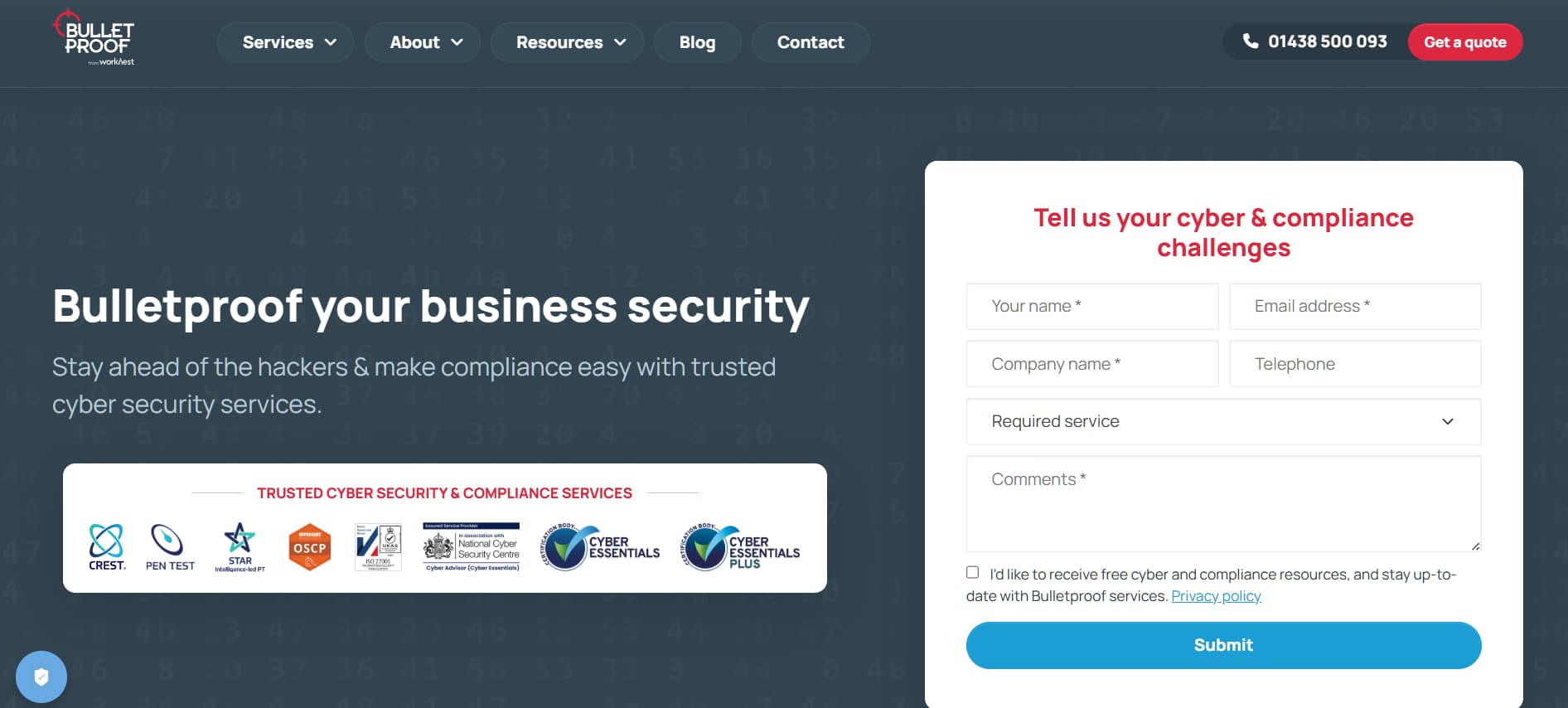 Website hero for Bulletproof IT Services promoting cybersecurity and compliance services, with headline “Bulletproof your business security” and a contact form to request quotes or discuss cyber and compliance challenges.