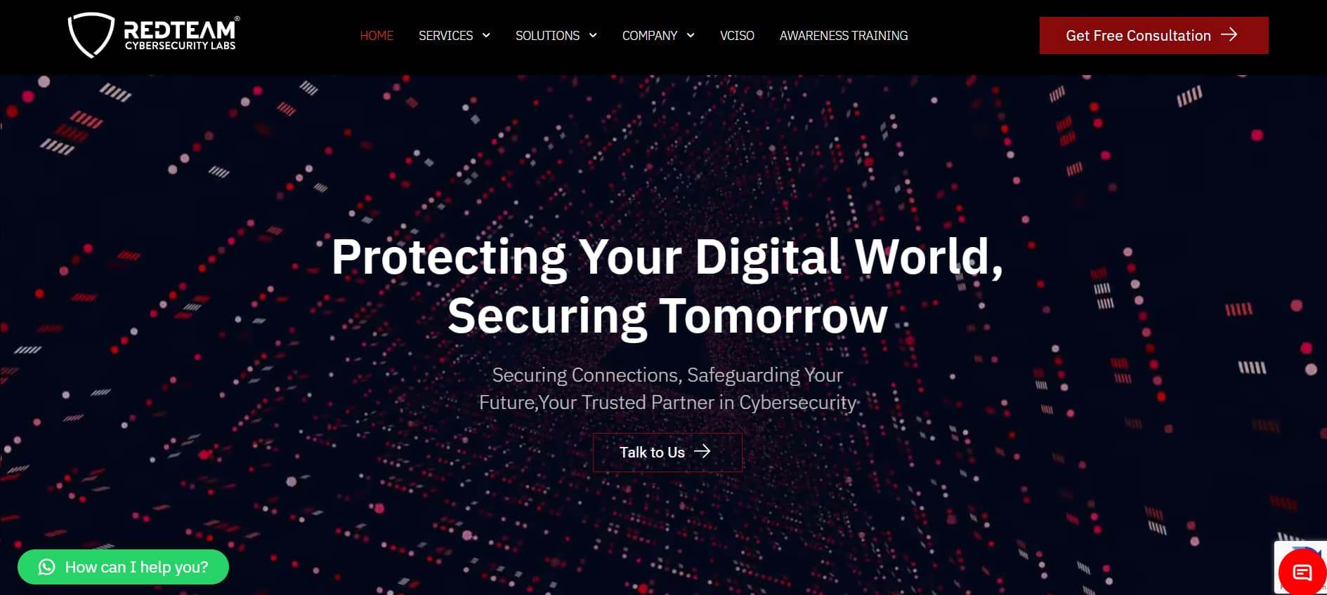 RedTeam Labs Saudi Arabia website with red digital matrix background and tagline “Protecting Your Digital World, Securing Tomorrow.”