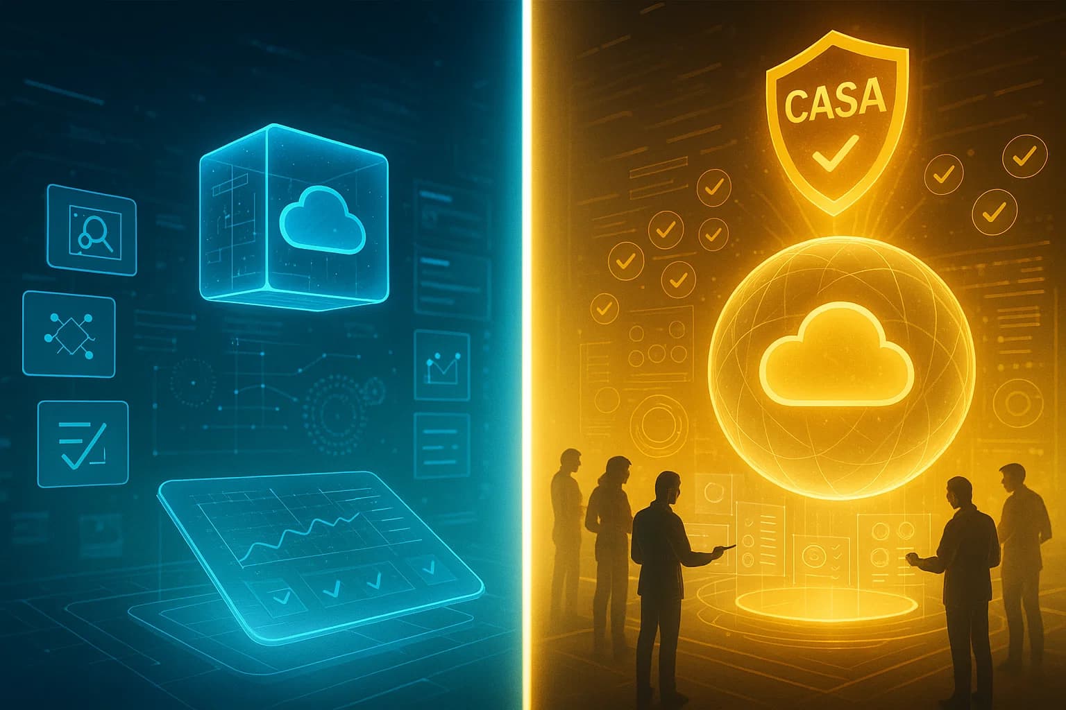 “Split-screen image comparing CASA Tier 2’s automated mid-level audit with Tier 3’s full manual lab validation using blue-to-gold visual progression.”