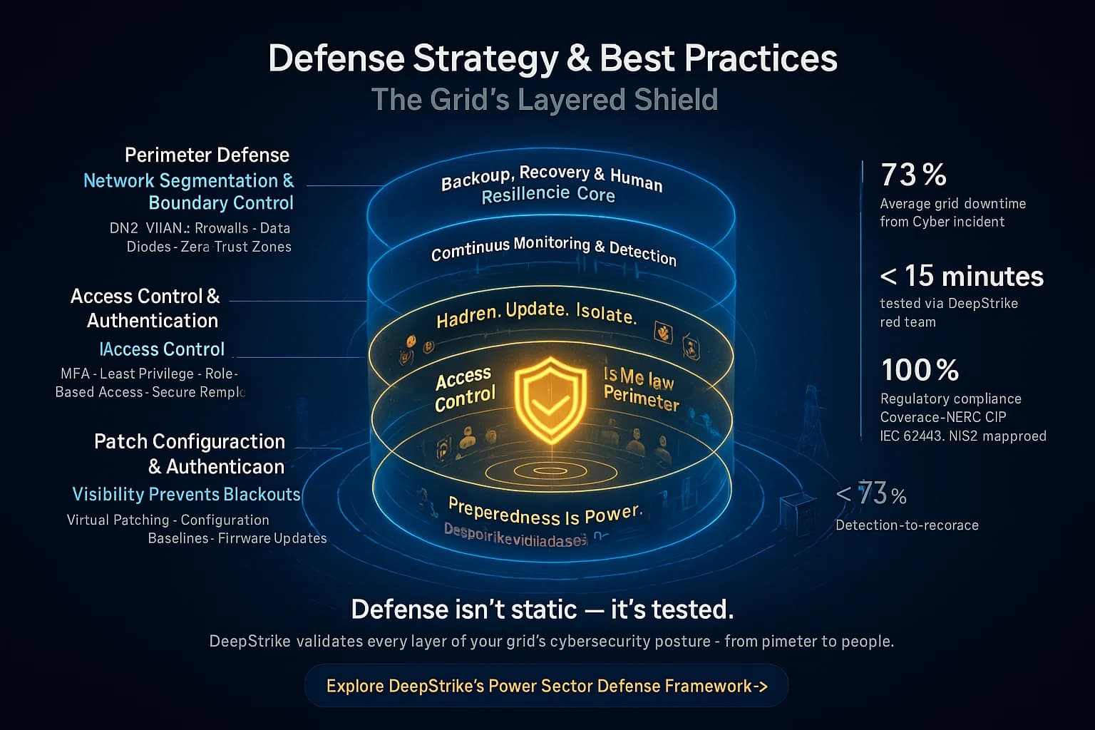 Digital illustration of a five-layered holographic shield surrounding a national power grid, showing segmented defenses (firewalls, MFA, monitoring) converging on a golden DeepStrike core that symbolizes validated readiness.