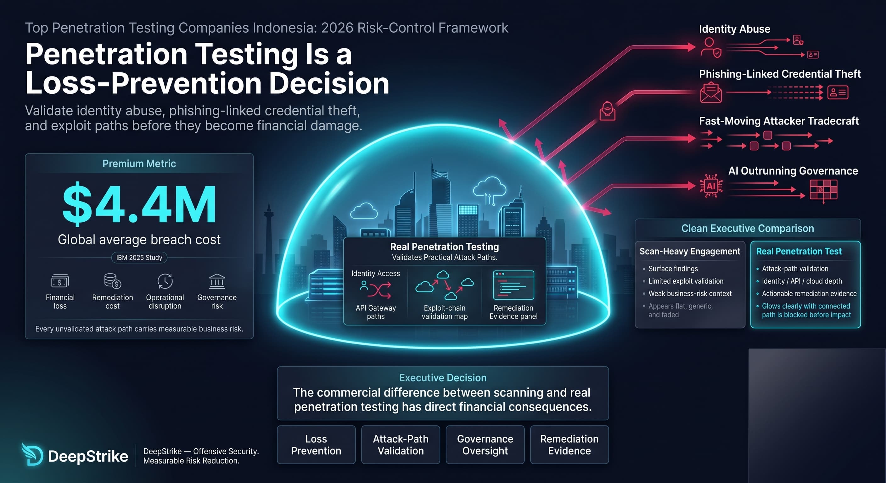 “A premium cybersecurity risk-control dashboard for Indonesia shows a futuristic Jakarta enterprise skyline protected by a glowing shield. A $4.4M global breach cost metric appears on the left, while identity abuse, phishing-linked credential theft, attacker tradecraft, and AI governance risk vectors approach from the right. The lower-right corner is intentionally empty for watermark removal.”
