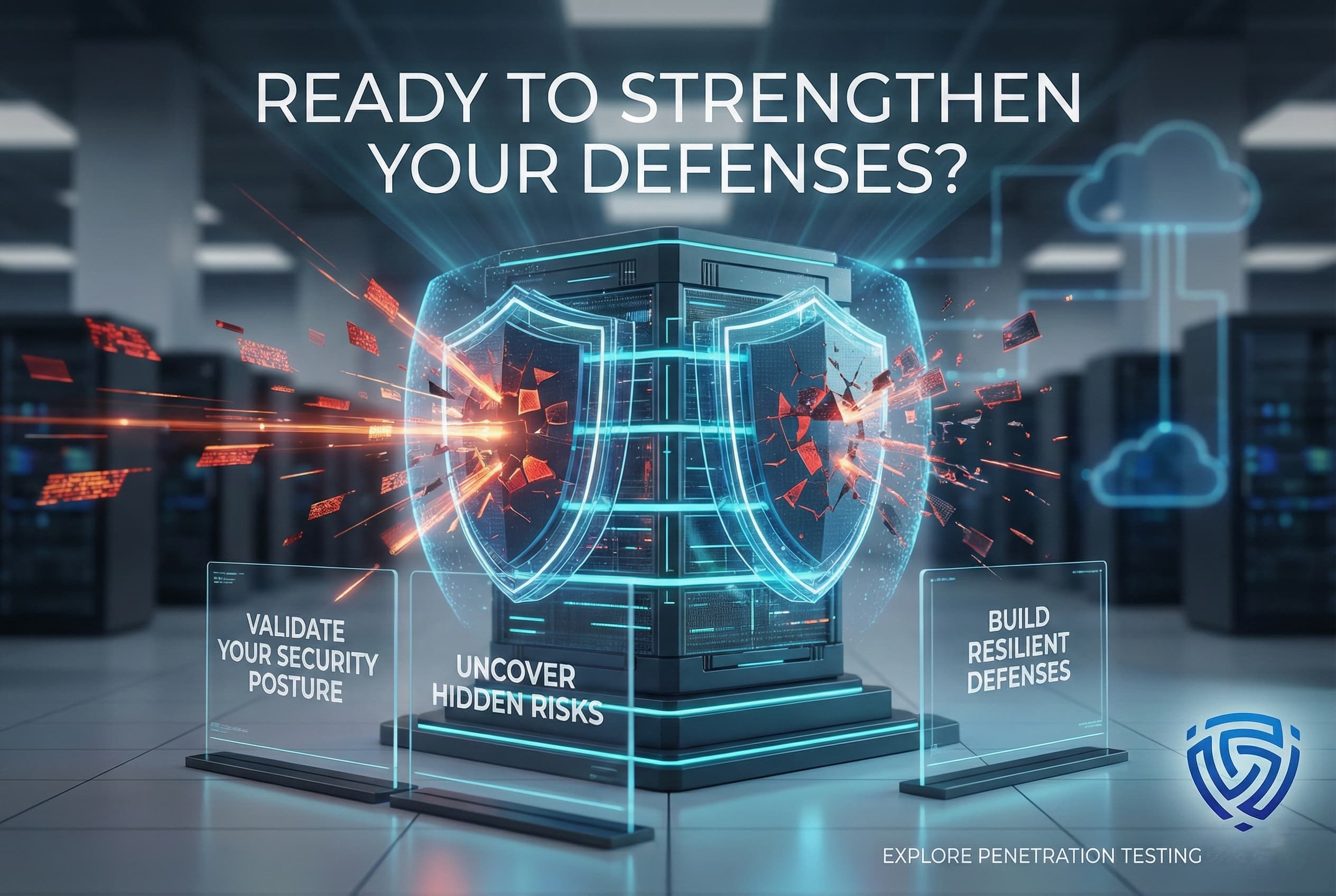 Cybersecurity promotional banner showing a glowing digital shield surrounding a server rack in a data center while red data fragments strike and break against the shield, with headline text “Ready to Strengthen Your Defenses?” and smaller panels reading “Validate Your Security Posture,” “Uncover Hidden Risks,” and “Build Resilient Defenses,” plus a penetration testing call-to-action and shield logo in the corner.