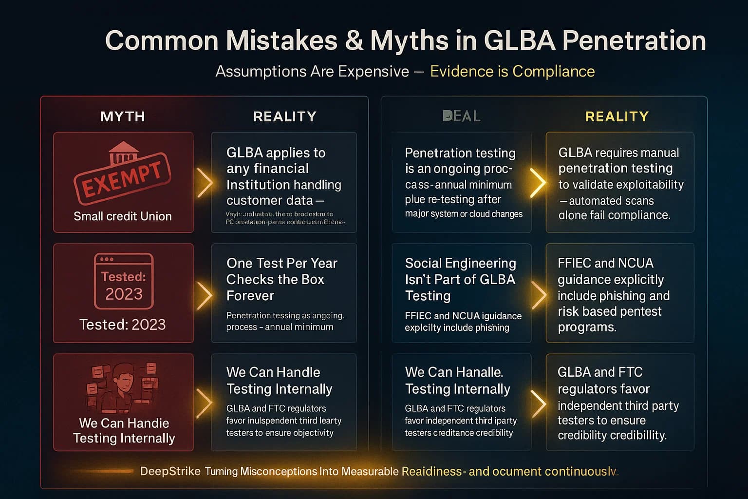 Infographic comparing GLBA penetration testing myths (e.g., “only big banks need testing”) against realities such as mandatory annual tests, independent validation, and inclusion of social engineering under GLBA.