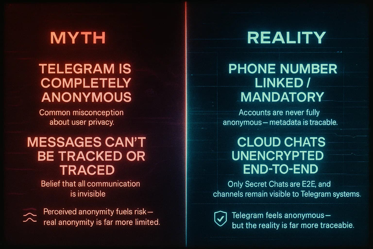 “A split-screen visualization contrasts myths about Telegram’s anonymity with the real technical limitations, showing distorted red visuals for misconceptions and clean cyan visuals for verified facts.”