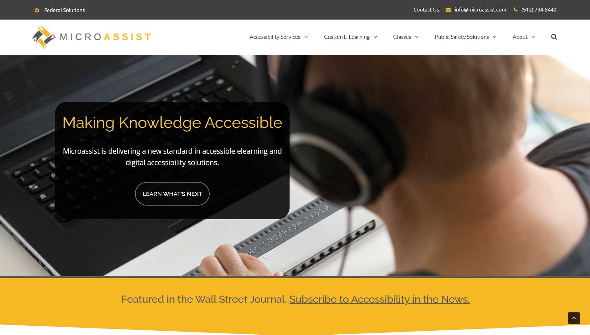 Website showing a person using a braille display and headphones, overlaid with text promoting accessible e-learning and digital accessibility solutions