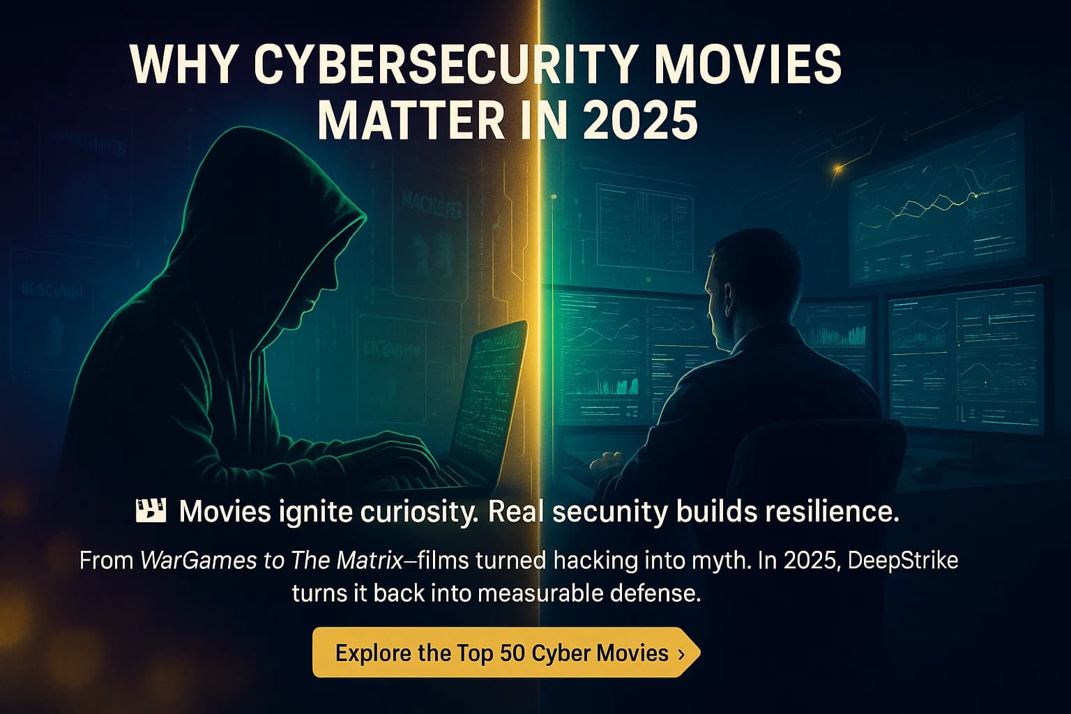 Digital illustration showing a movie-style hacker typing in neon green contrasted with a real cybersecurity analyst at a live operations center, symbolizing how films influence awareness of real cyber defense.