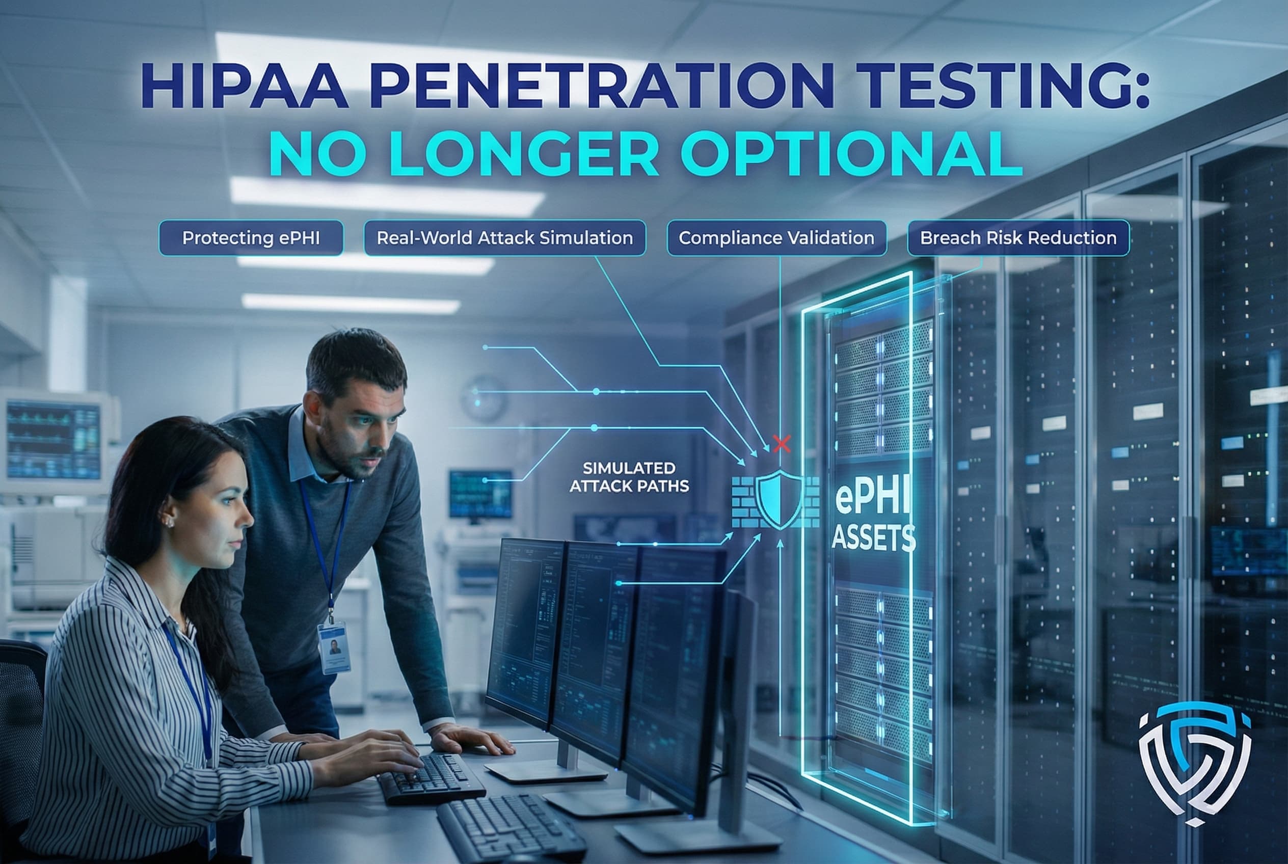 Two cybersecurity professionals conducting HIPAA penetration testing in a healthcare data center, reviewing simulated attack paths to protect ePHI assets, validate compliance, and reduce breach risk across secure server environments.