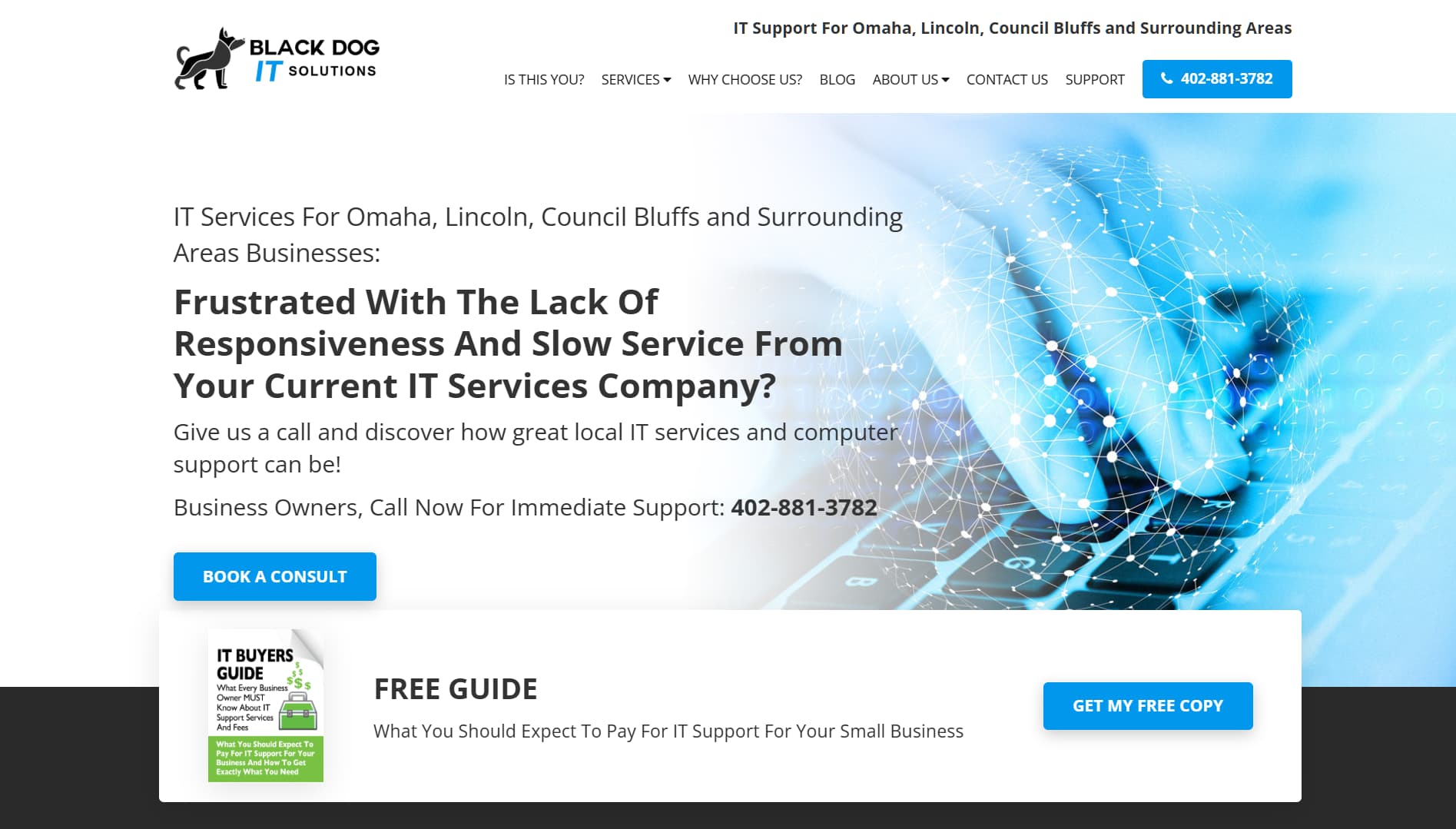 Black Dog IT Solutions homepage highlighting IT support for Omaha, Lincoln, and nearby businesses with call-to-action for consulting and free IT buyers guide.