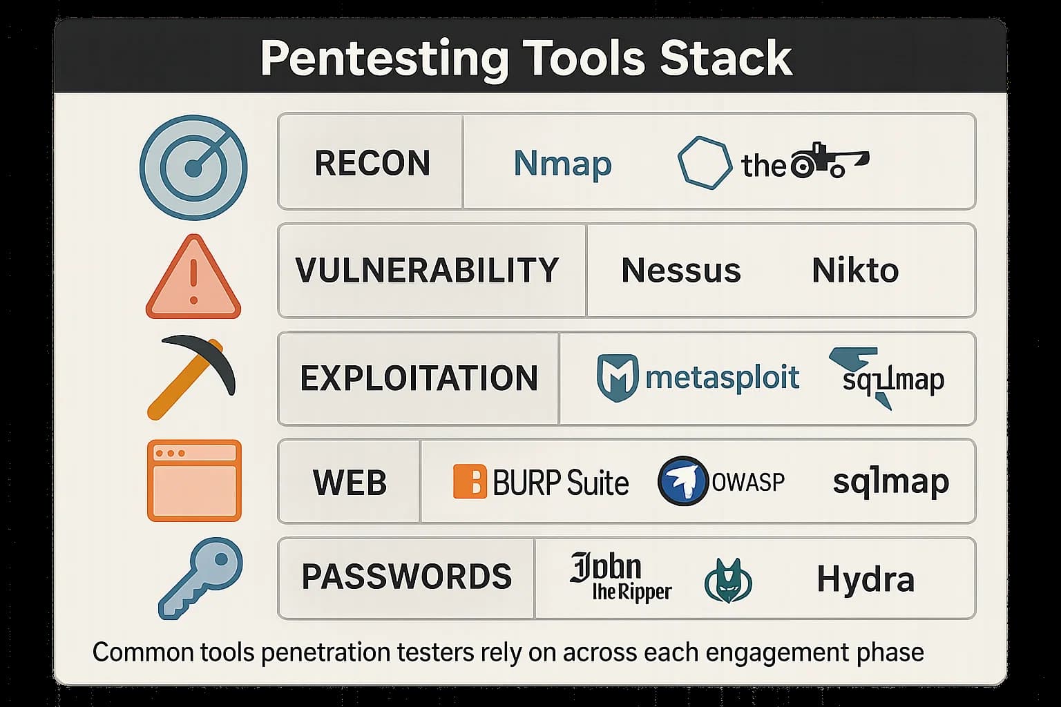 Infographic listing popular pentesting tools grouped by function, including Nmap, Nessus, Metasploit, Burp Suite, and John the Ripper.