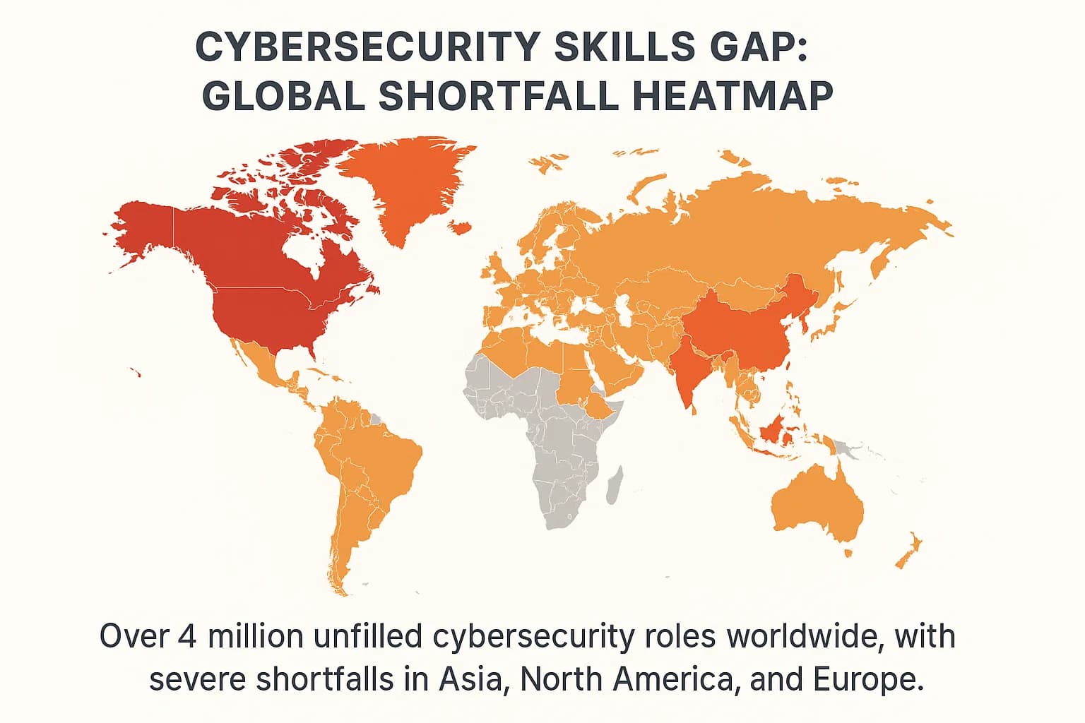 Heatmap of global cybersecurity talent shortage, showing highest deficits in the U.S., India, Japan, and EU.