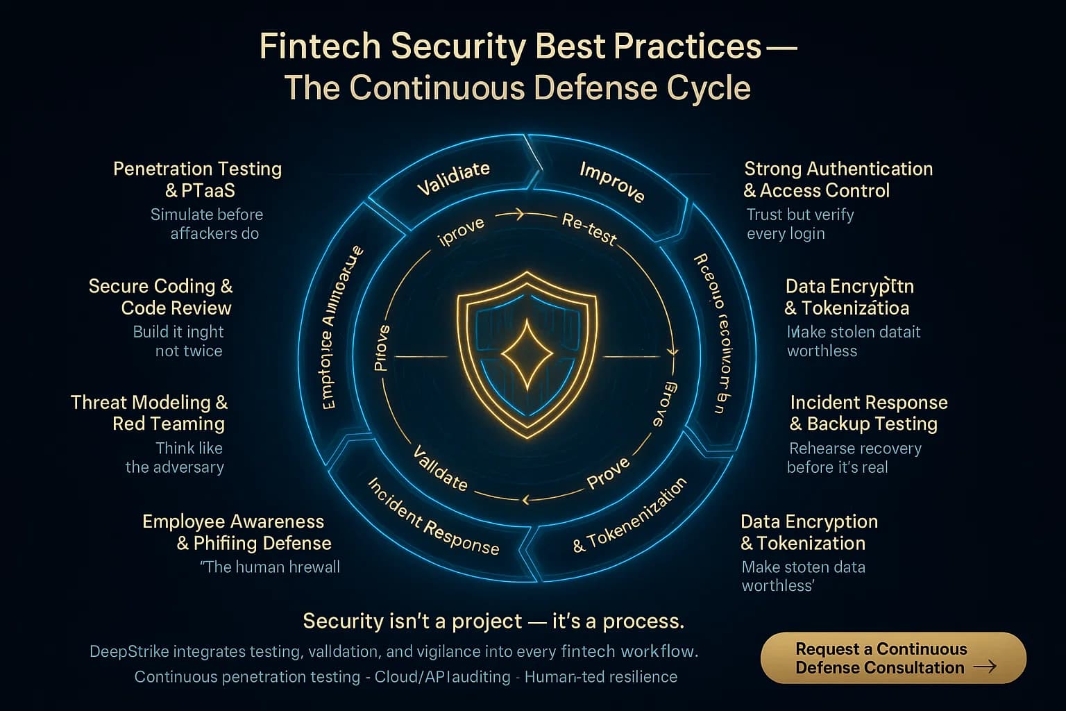Infographic of an eight-segment cyber defense wheel labeled with fintech best practices (testing, coding, red teaming, MFA, vendor risk, encryption, response, awareness) orbiting around the DeepStrike shield logo.
