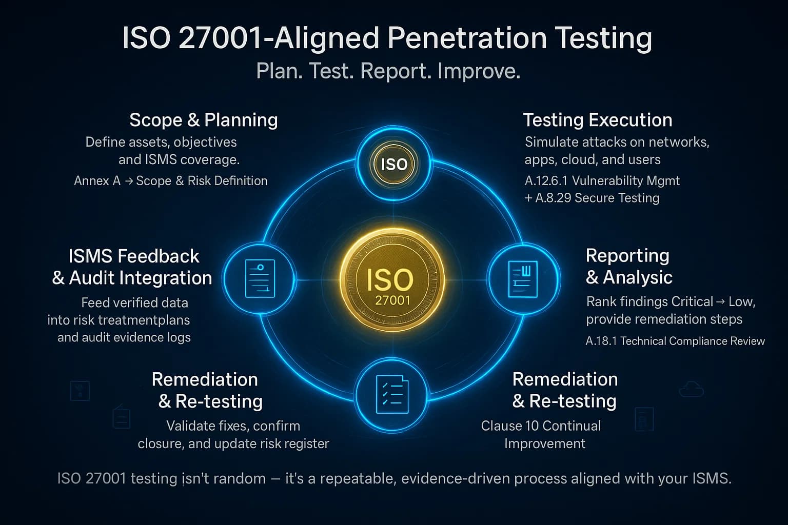 Infographic illustrating the ISO 27001-aligned penetration testing process in five stages, highlighting how each feeds results into the organization’s ISMS and compliance documentation.