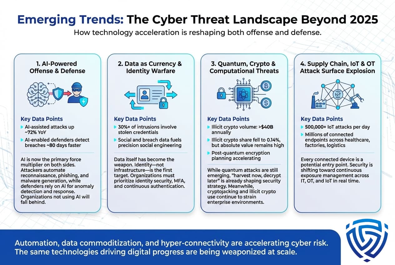 Infographic describing emerging cyber threats beyond 2025, including AI-powered attacks and defenses, identity and data as primary attack targets, quantum and cryptographic risks, and rapid expansion of supply chain, IoT, and operational technology attack surfaces due to global hyper-connectivity.