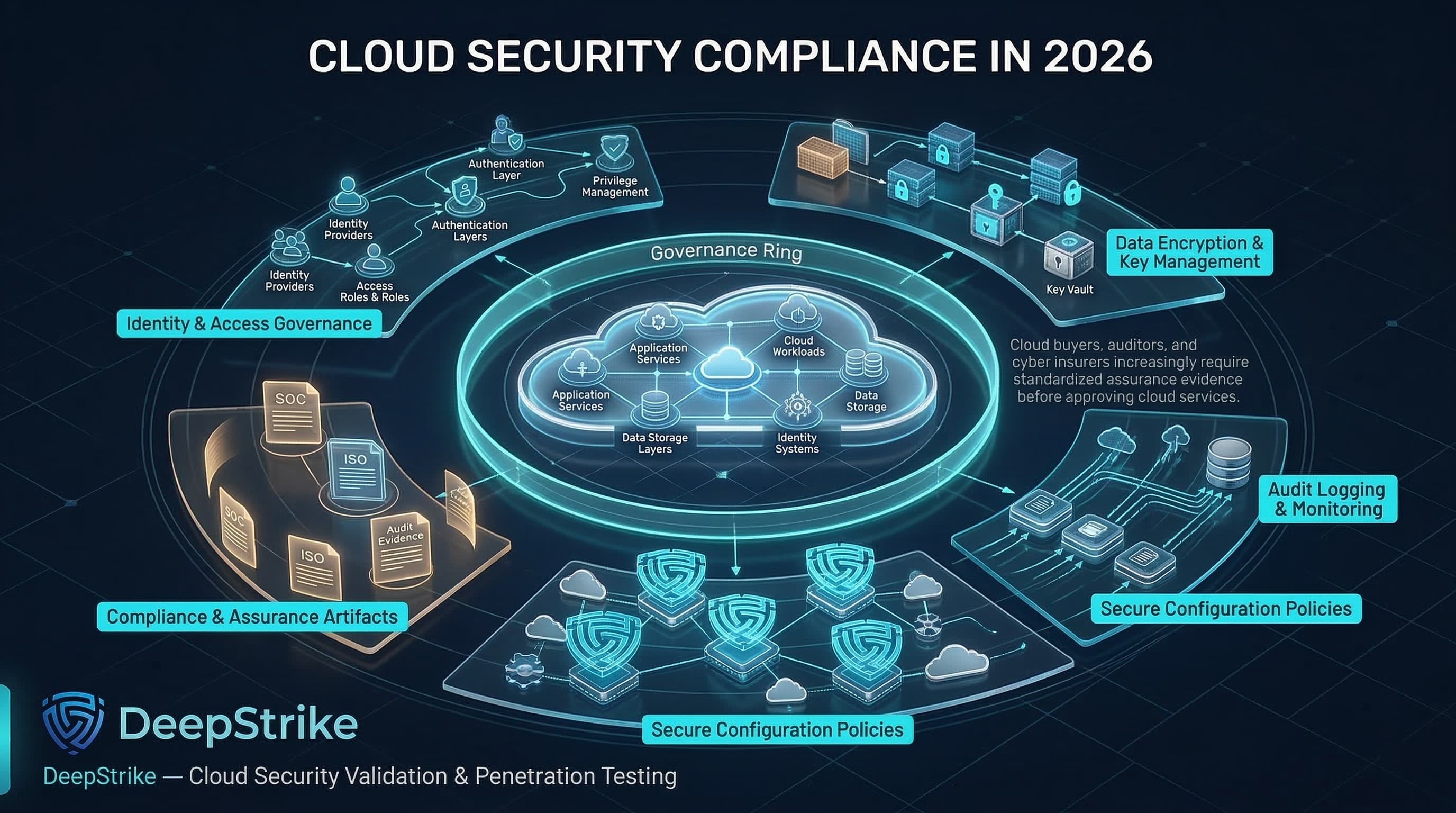 “A cybersecurity visualization shows a cloud infrastructure surrounded by compliance control layers including identity governance, encryption systems, logging infrastructure, configuration guardrails, and audit evidence such as SOC and ISO certifications.”