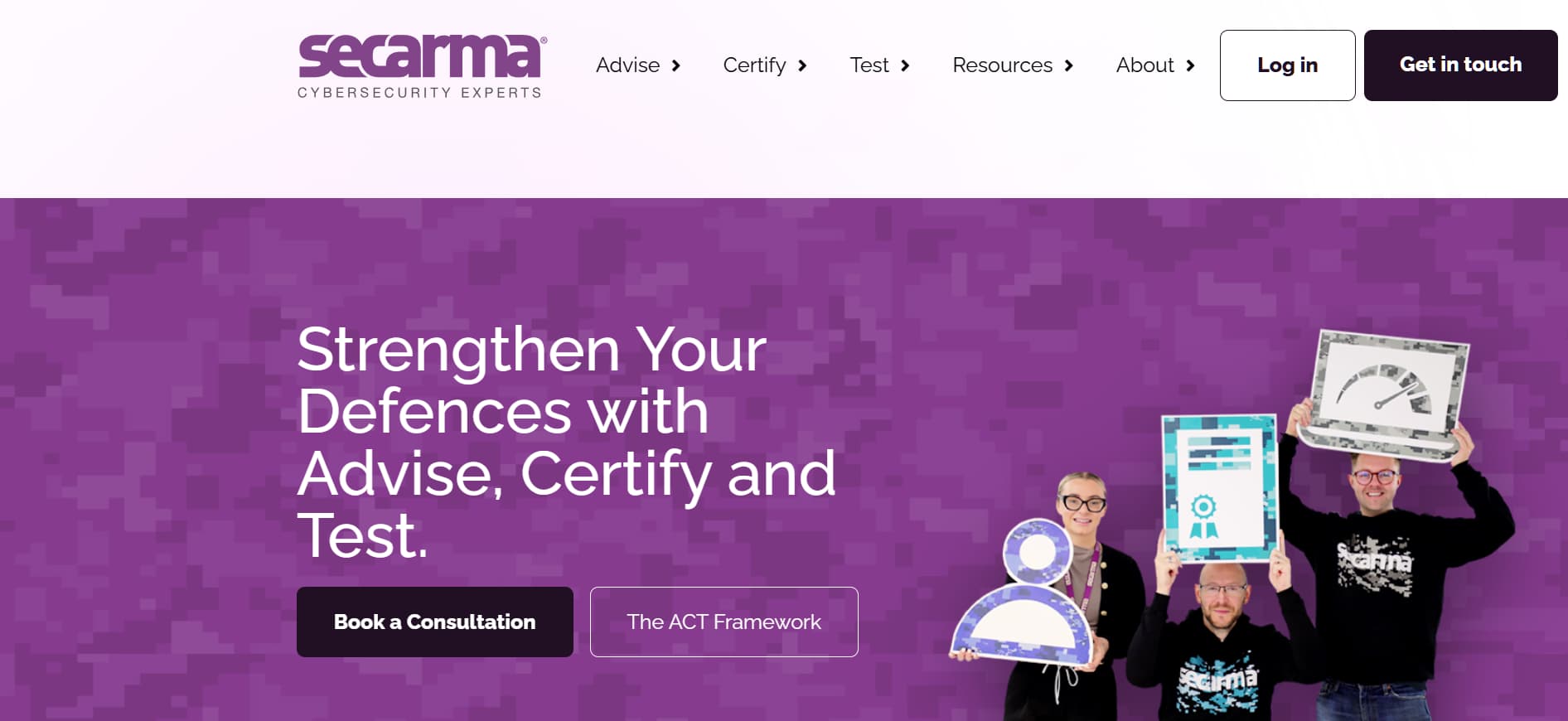 Secarma cybersecurity experts homepage banner with purple background and team holding certification icons