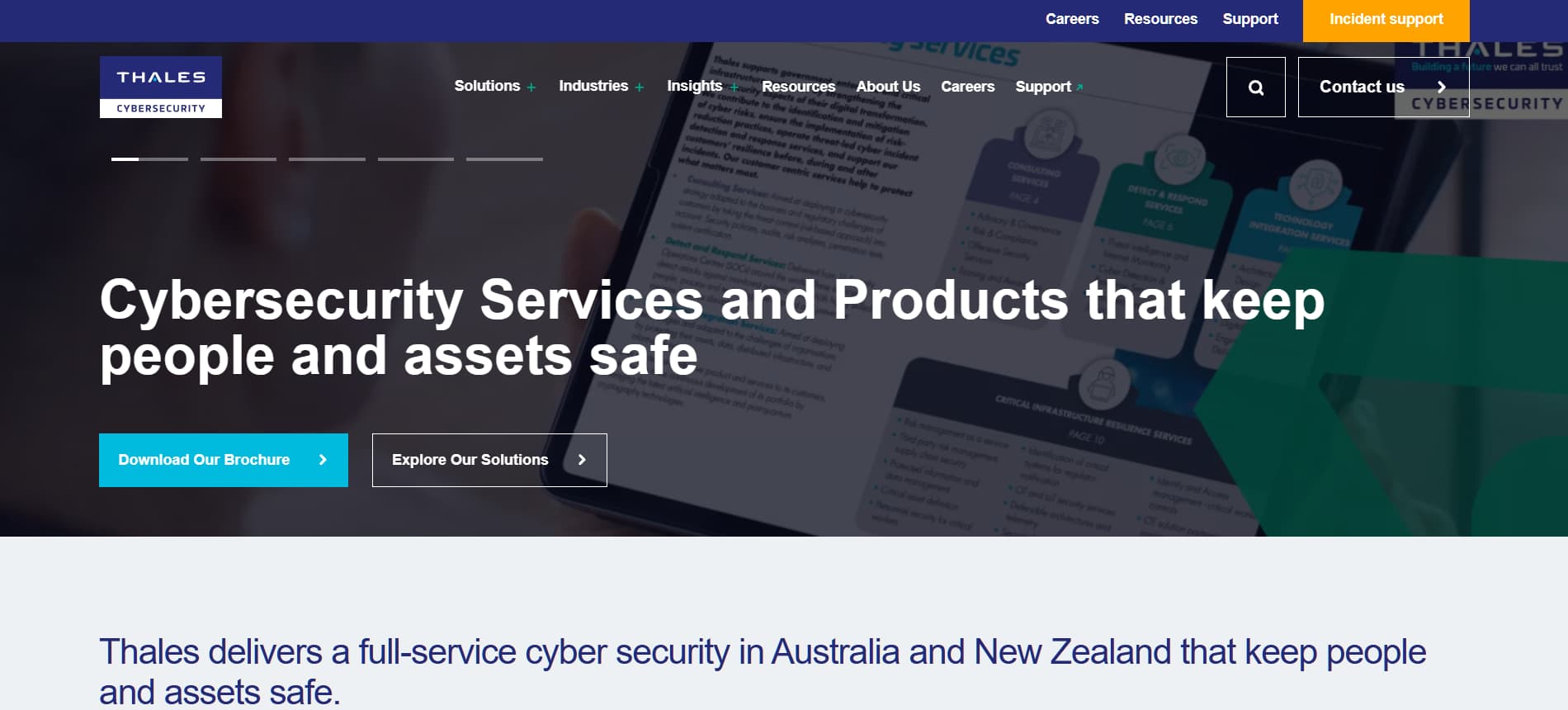 "Thales Cybersecurity Australia and New Zealand homepage — enterprise-grade cybersecurity provider offering consulting, detection, response, and resilience services to safeguard people, assets, and critical infrastructure."